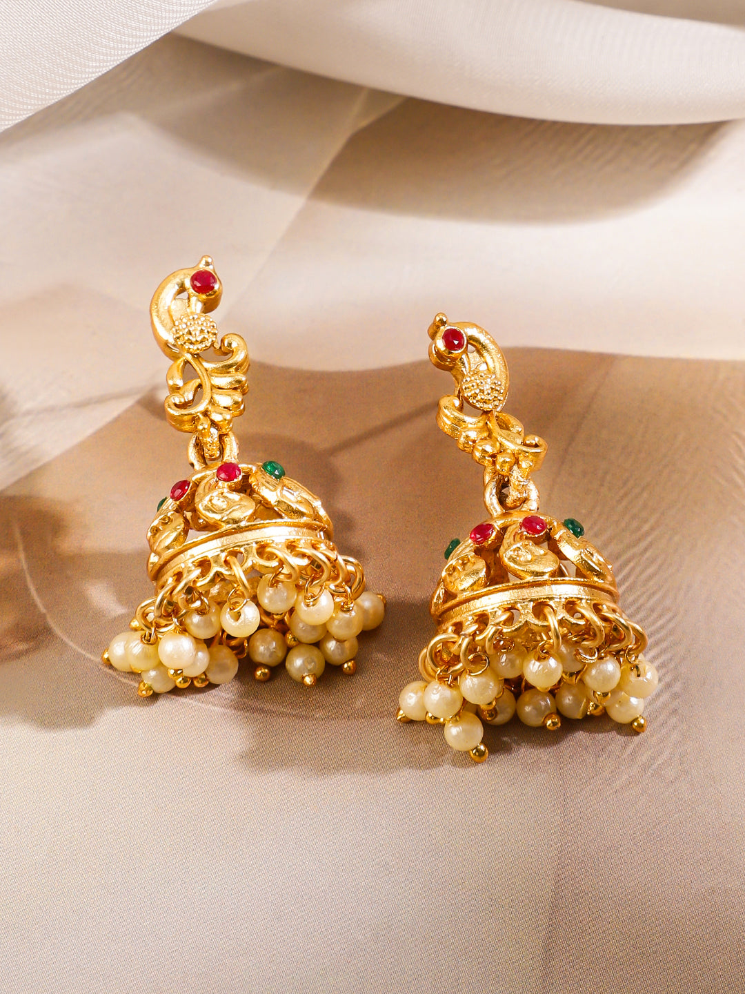 Wentra 22K Gold-Plated Ruby Red & Emerald Green Stone Studded Brass Necklace Jewellery Set