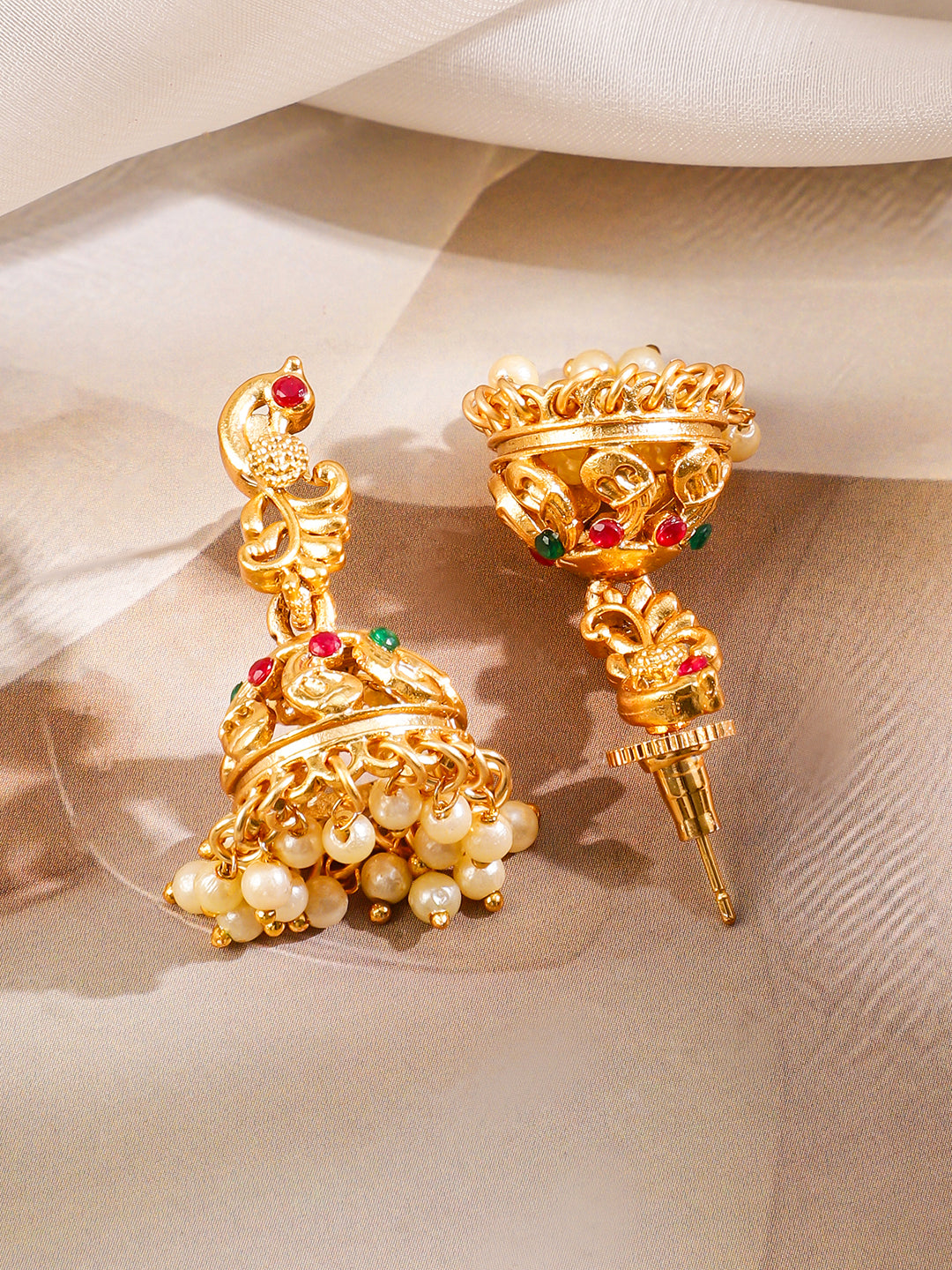 Wentra 22K Gold-Plated Ruby Red & Emerald Green Stone Studded Brass Necklace Jewellery Set