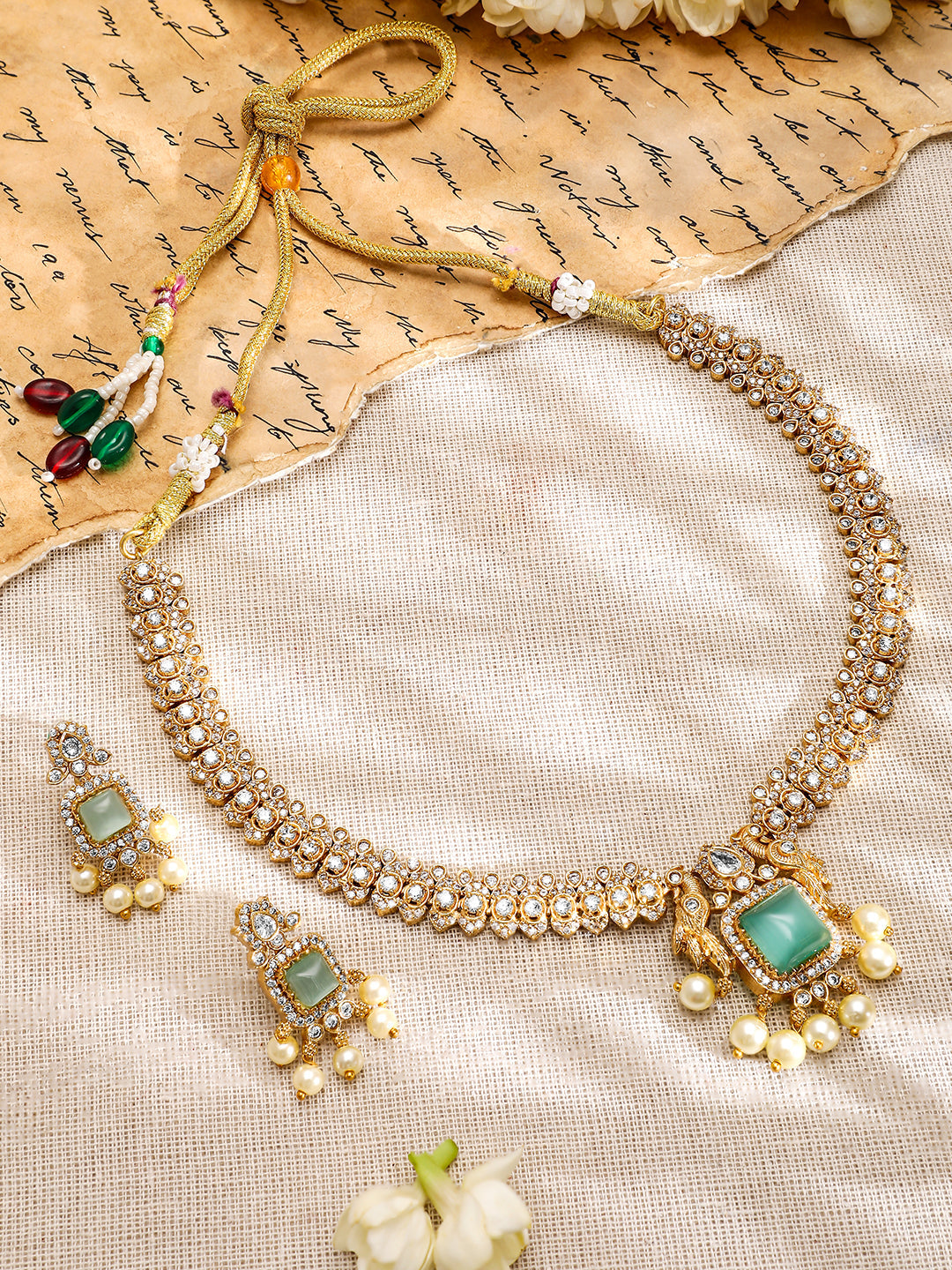 American Diamond Zirconia Green Accented Necklace Set