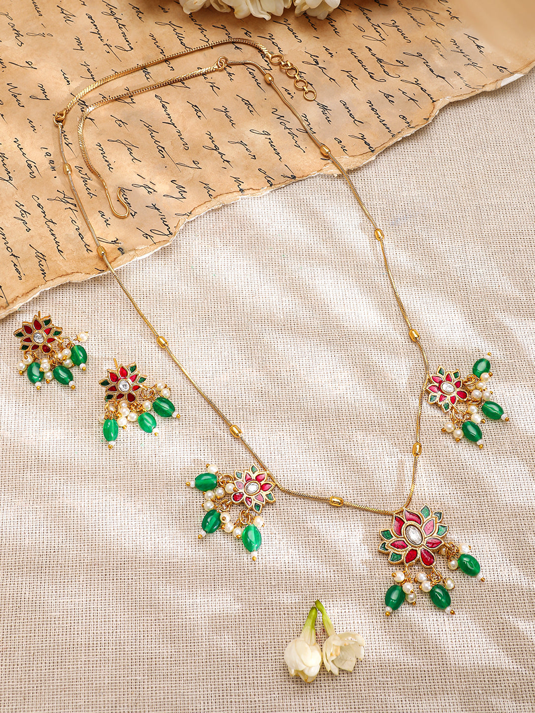Red Floral Green Beaded Necklace Set