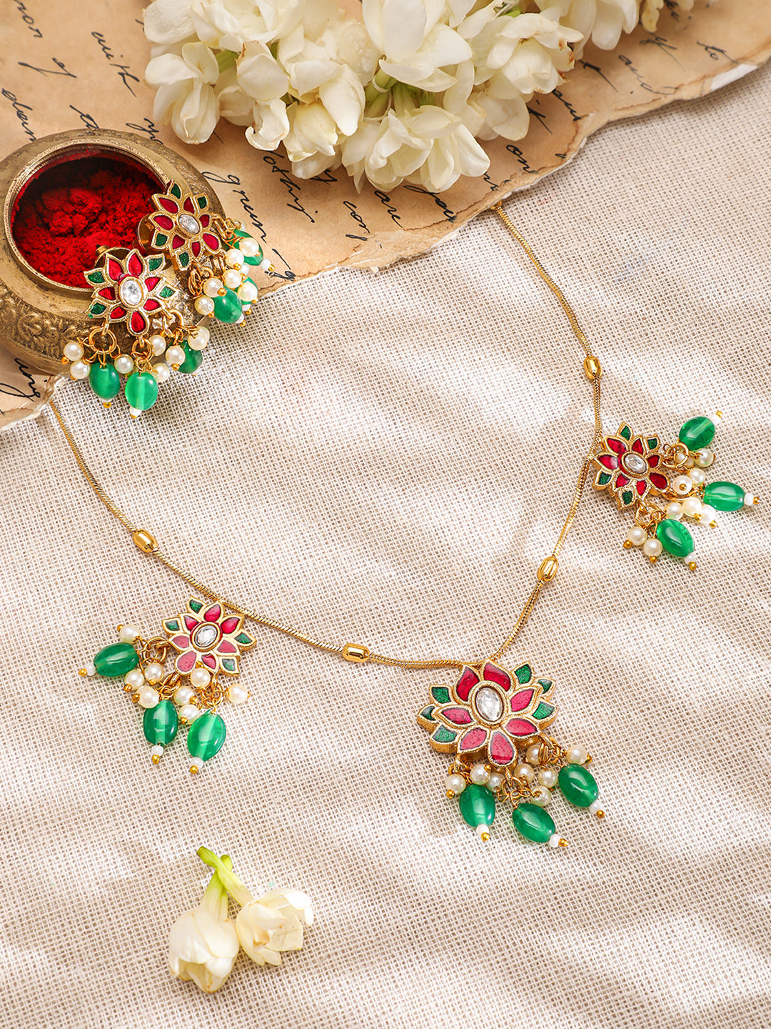 Red Floral Green Beaded Necklace Set