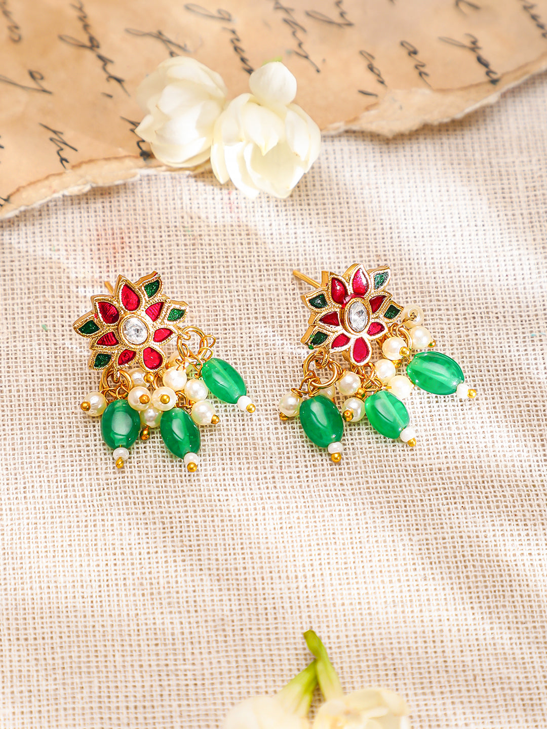 Red Floral Green Beaded Necklace Set