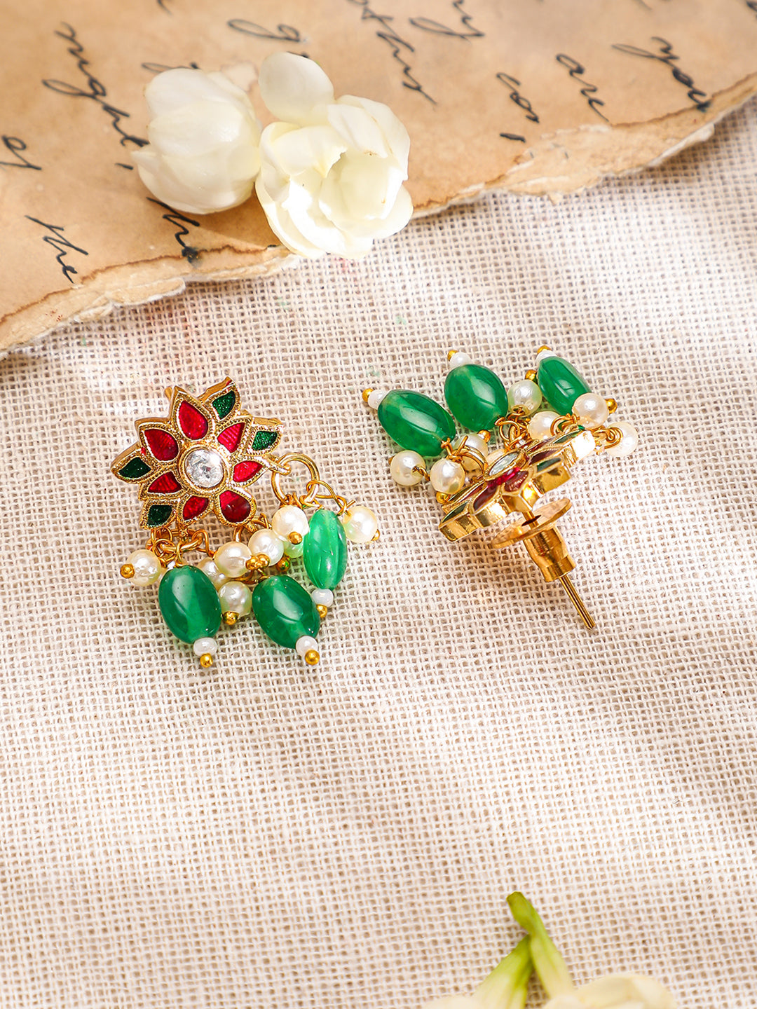 Red Floral Green Beaded Necklace Set