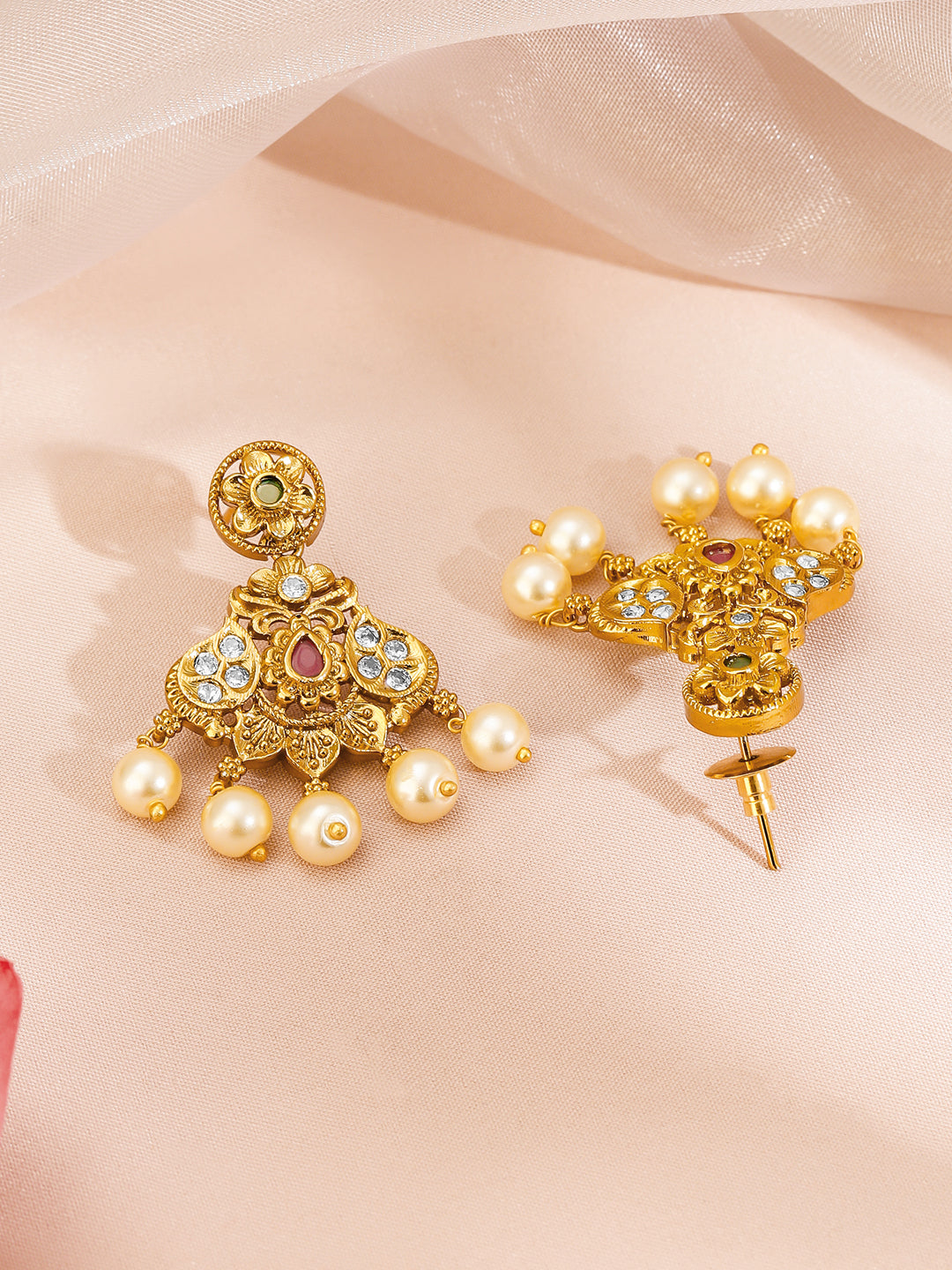 Multicolor Studded Gold Necklace Set With Pearl Drops