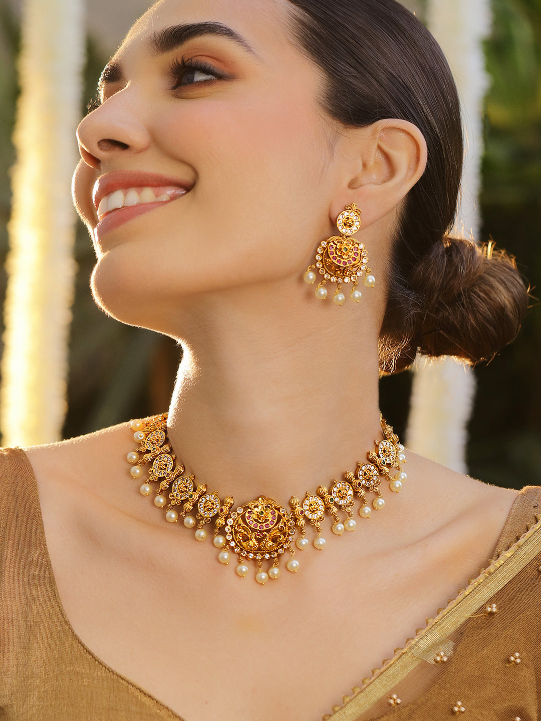 American Diamond Zirconia Pearl Drop Gold Necklace Set
