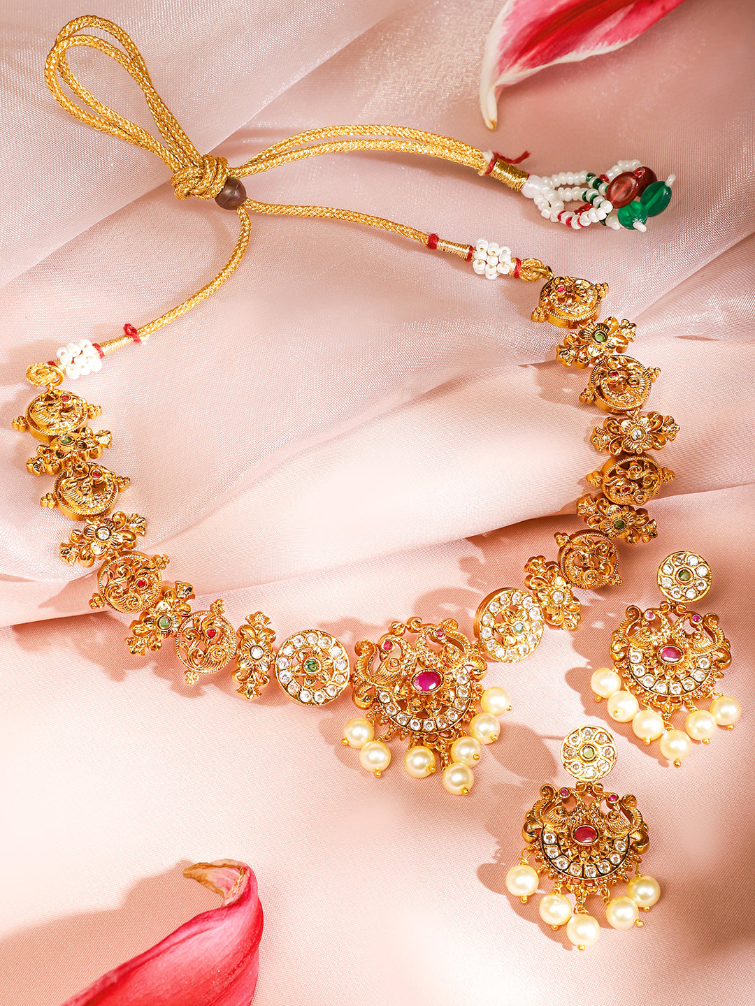 Gold Plated Green Pink Necklace Set