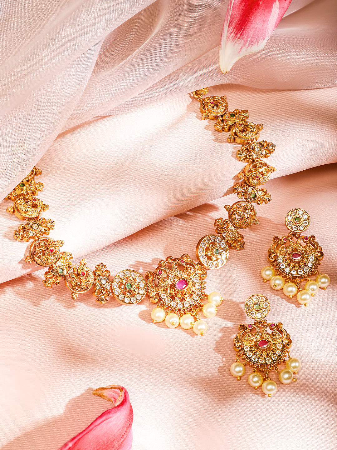Gold Plated Green Pink Necklace Set