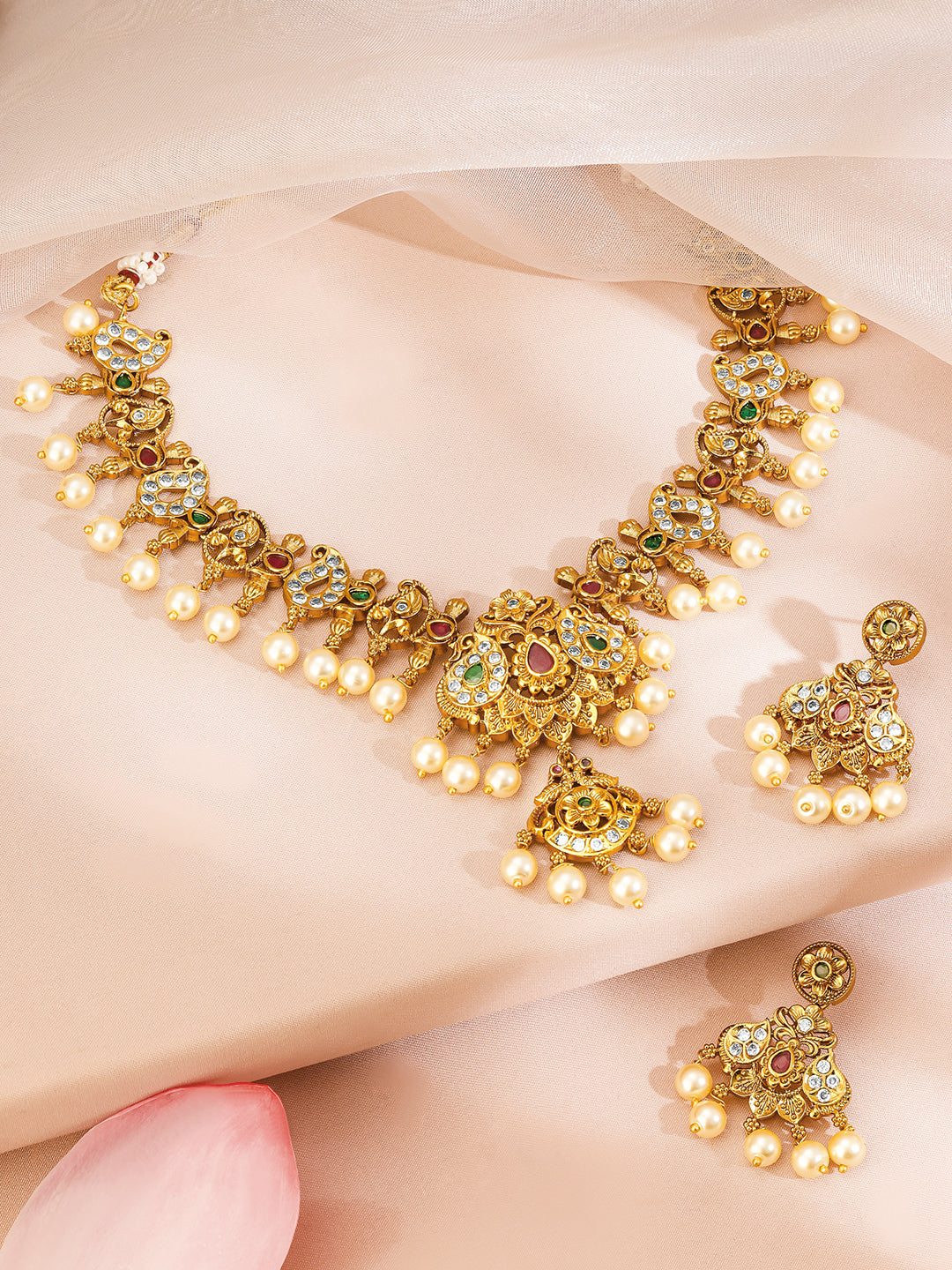 Multicolor Studded Gold Necklace Set With Pearl Drops