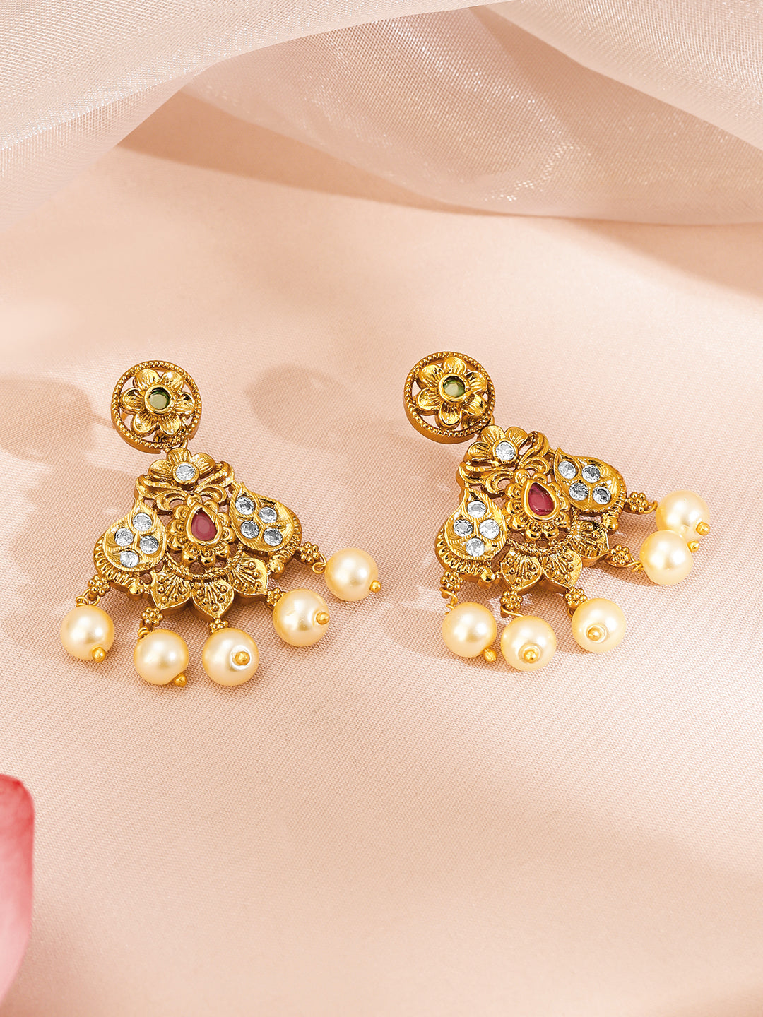 Multicolor Studded Gold Necklace Set With Pearl Drops