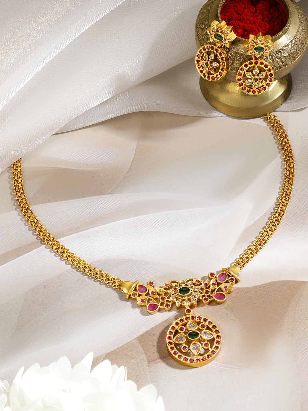 Red & Green Floral Design Short Necklace Set