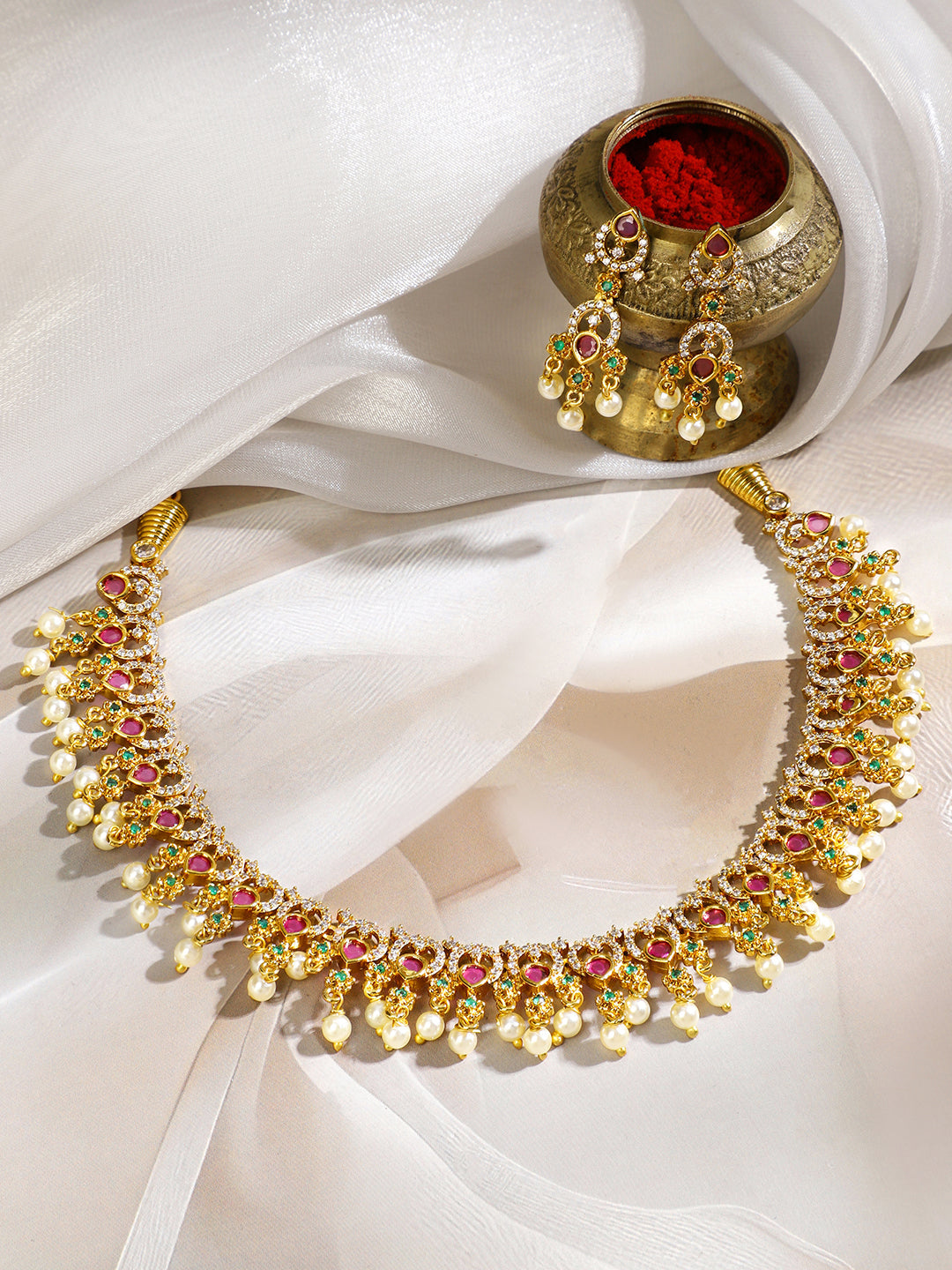 Multicolor Studded American Diamond Zirconia Pearl Necklace Set
