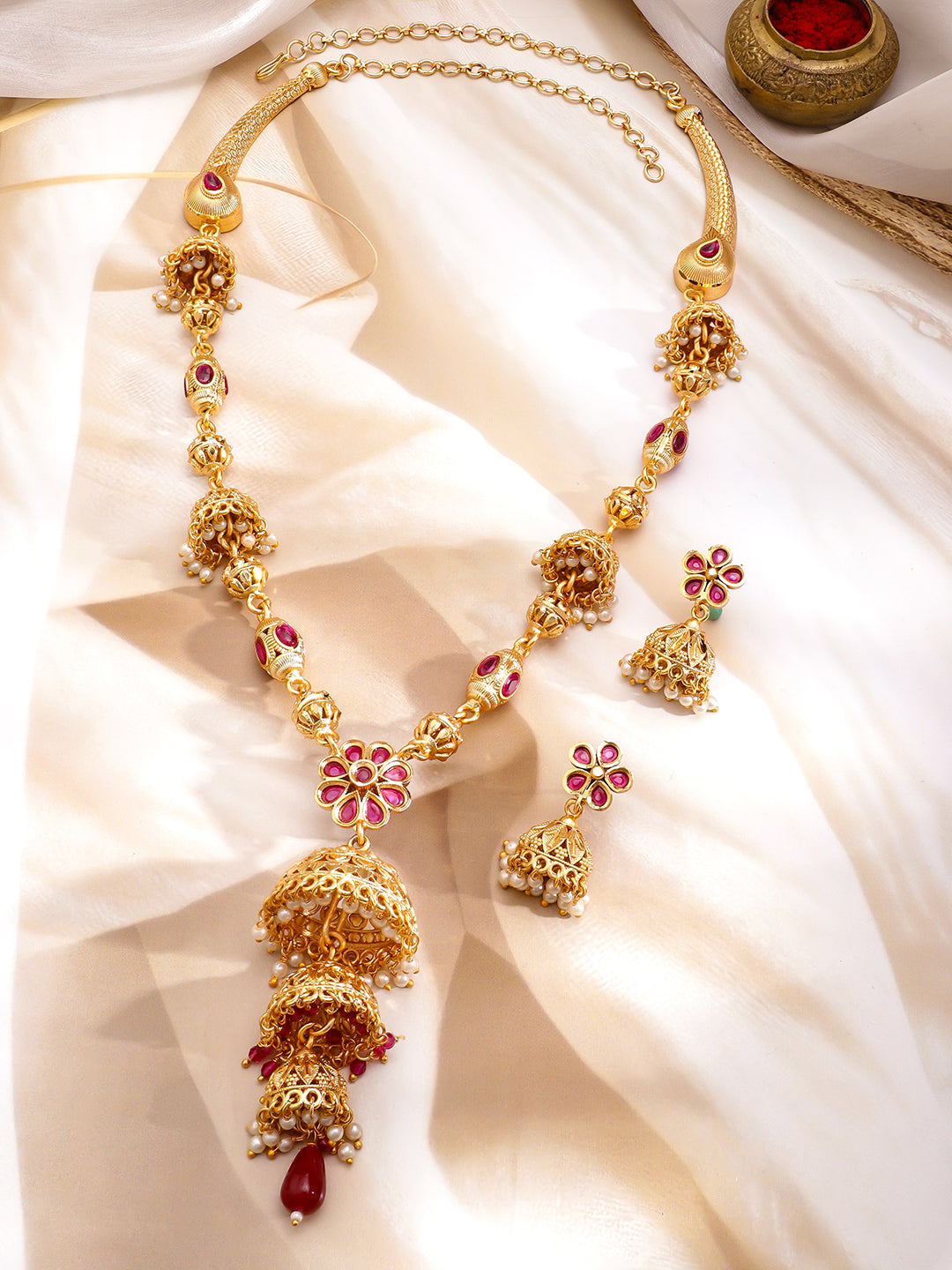 Long Golden Necklace Set With Pearl Drops