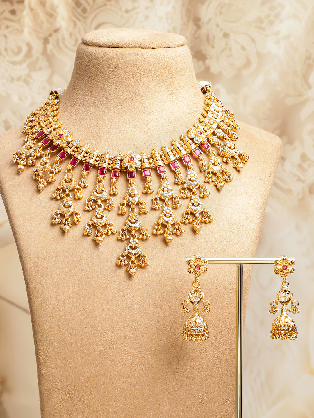 Ruby Studded Gold Beads Layered Necklace Set