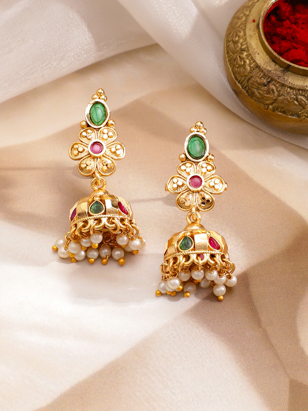 Green & Red Pearl Drop Golden Necklace Set