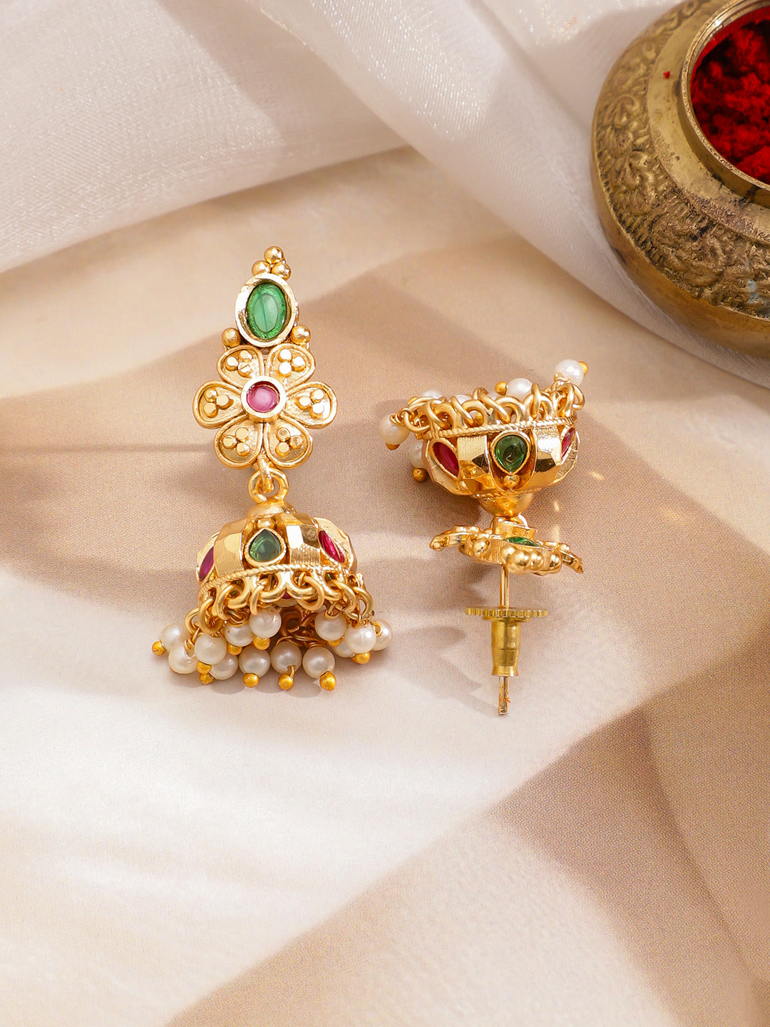 Green & Red Pearl Drop Golden Necklace Set