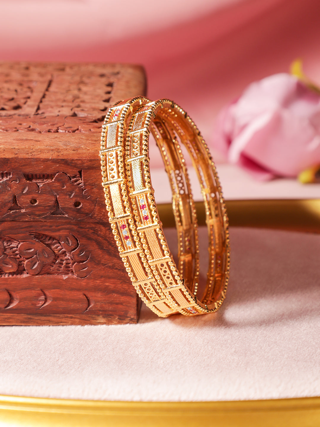 Wentra Set of 2, 18K Gold-Plated Rectangular Motif Bangles with Intricate Detailing