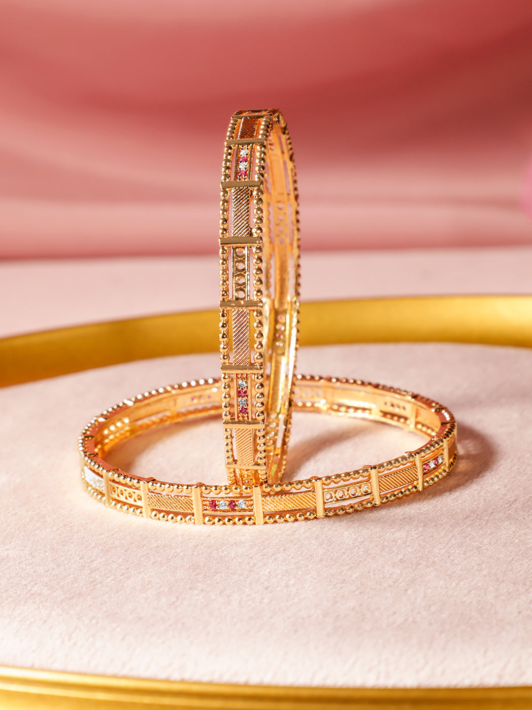 Wentra Set of 2, 18K Gold-Plated Rectangular Motif Bangles with Intricate Detailing