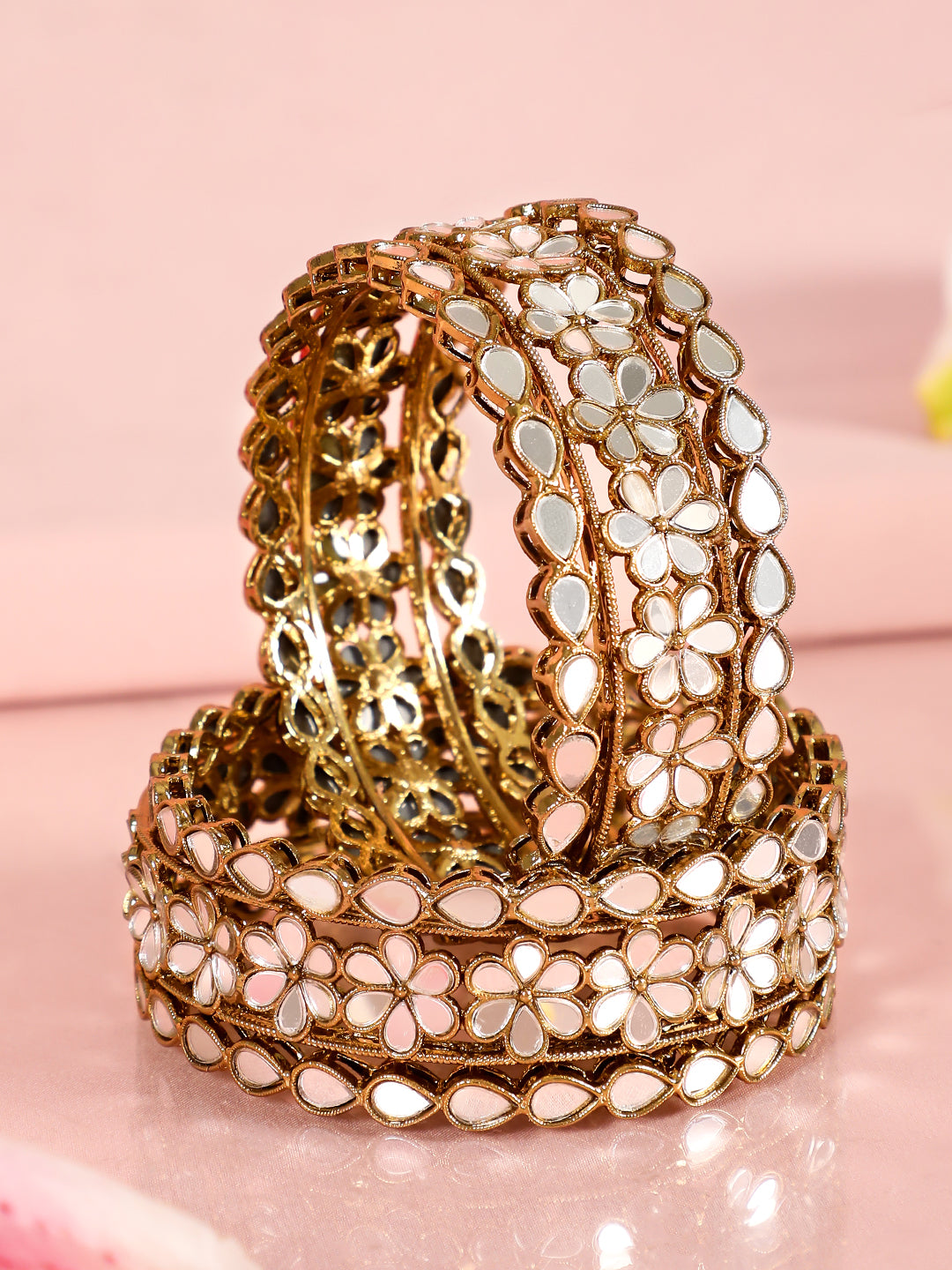 Wentra Set of 6 22K Gold-Plated Mirror Studded Handcrafted Traditional Bangles