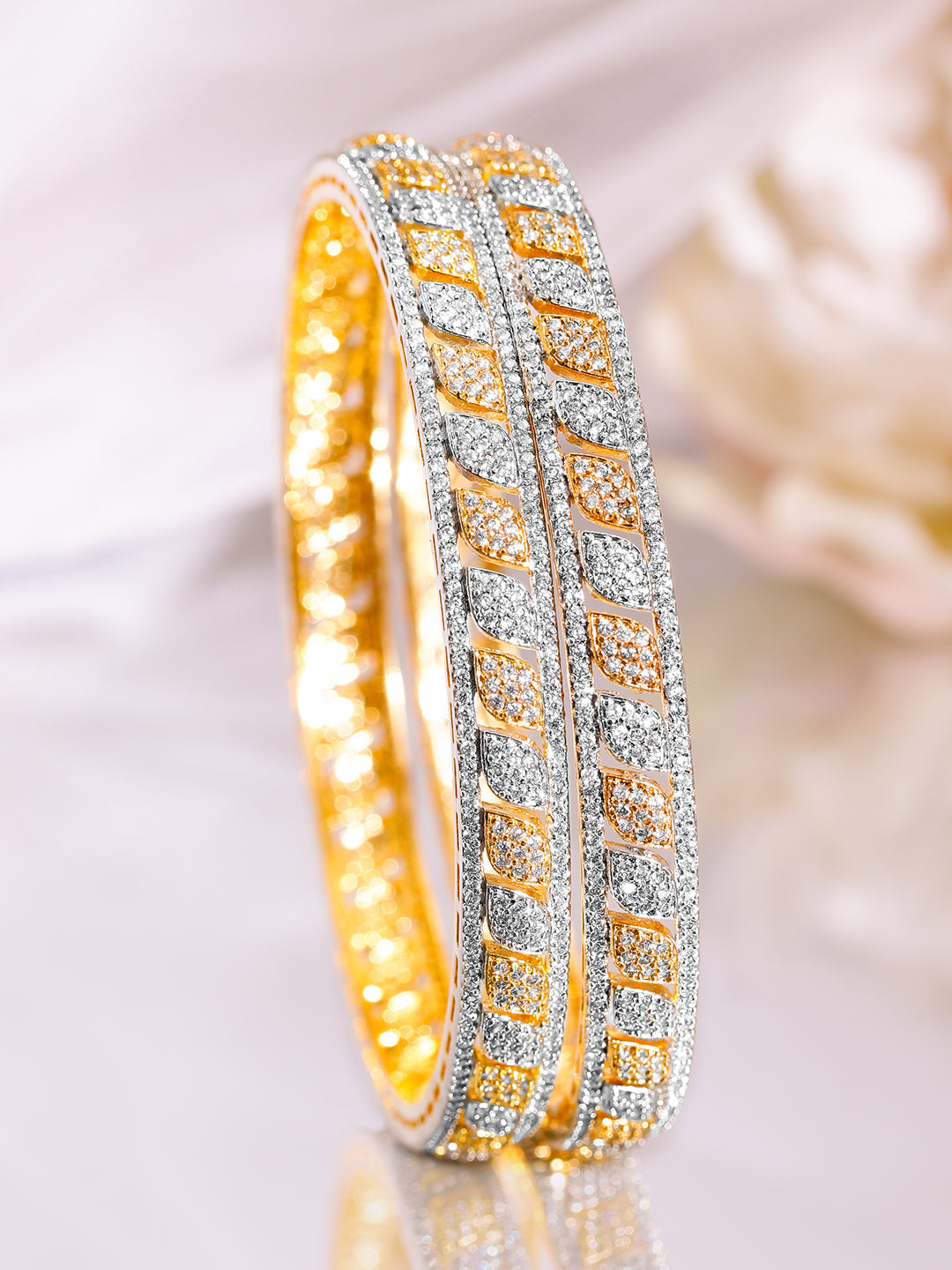 Wentra Set of 2 Rhodium & 18K Gold-Plated Cubic Zirconia Studded Bangles