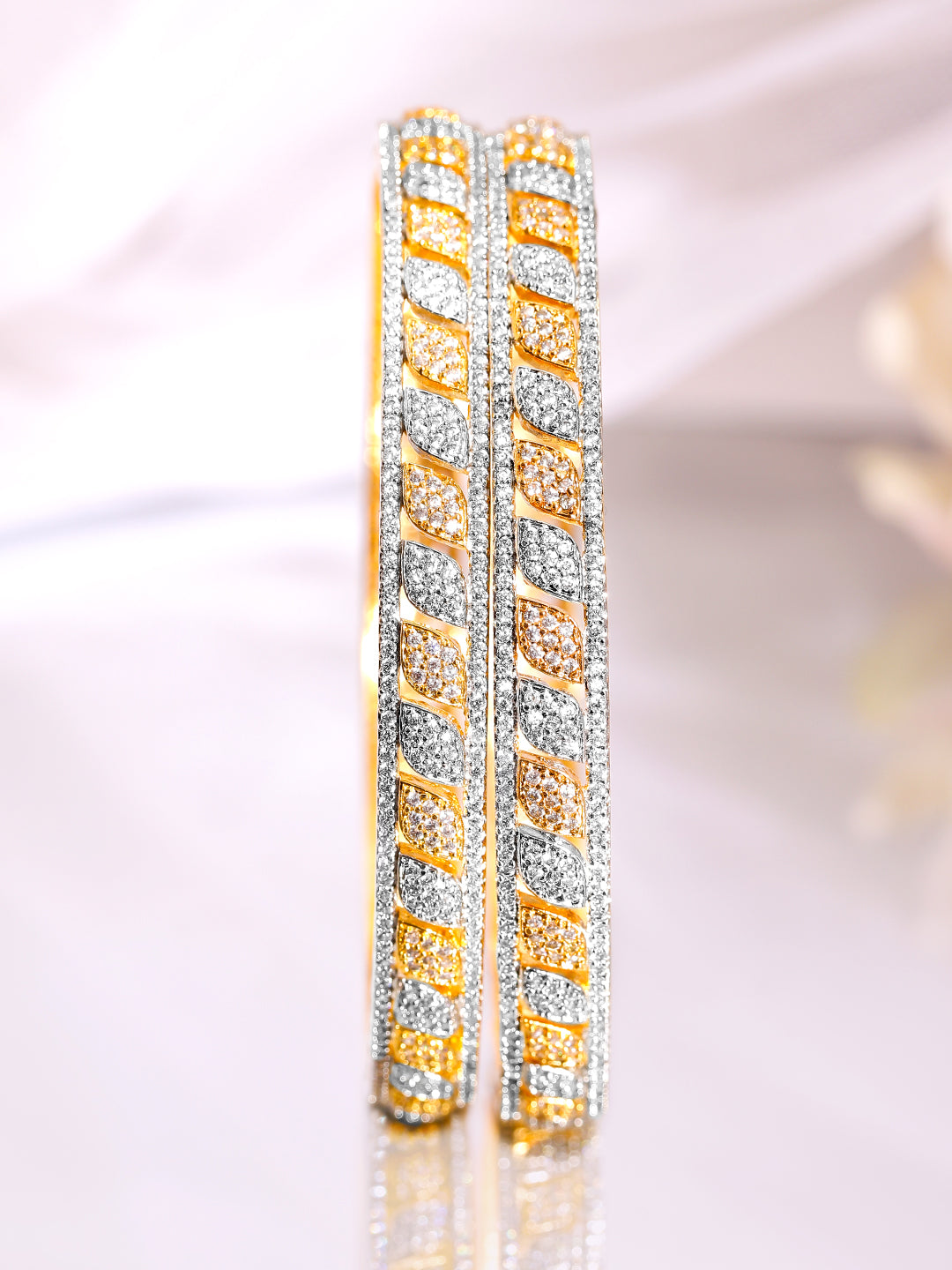 Wentra Set of 2 Rhodium & 18K Gold-Plated Cubic Zirconia Studded Bangles