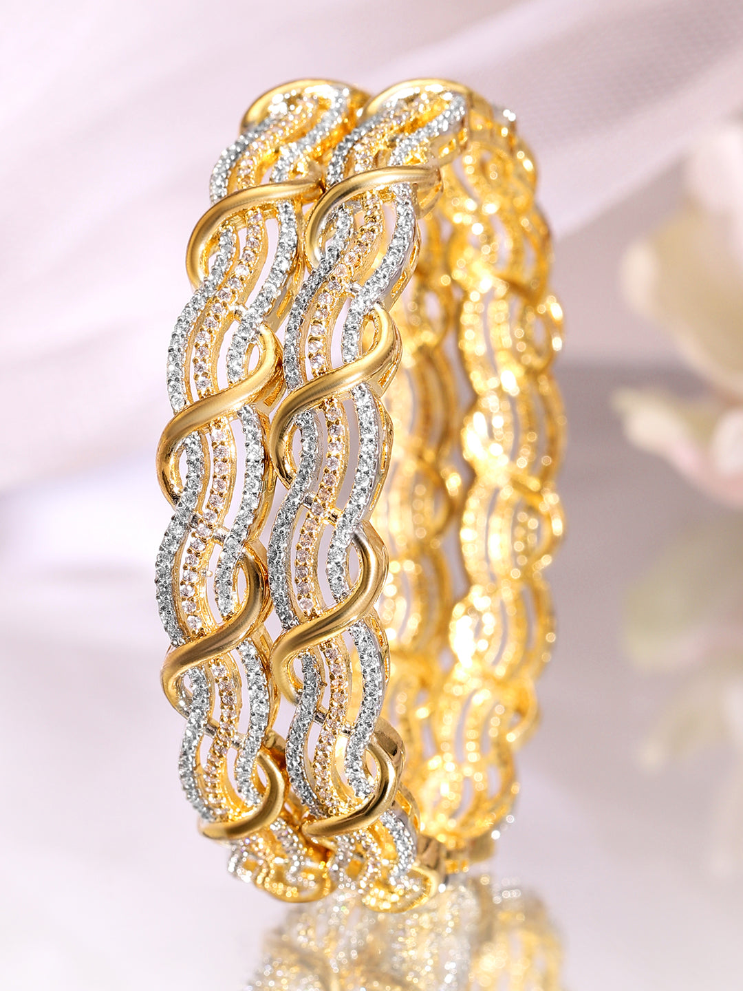 Wentra Set of 2 Rhodium & 18K Gold-Plated Cubic Zirconia Studded Bangles