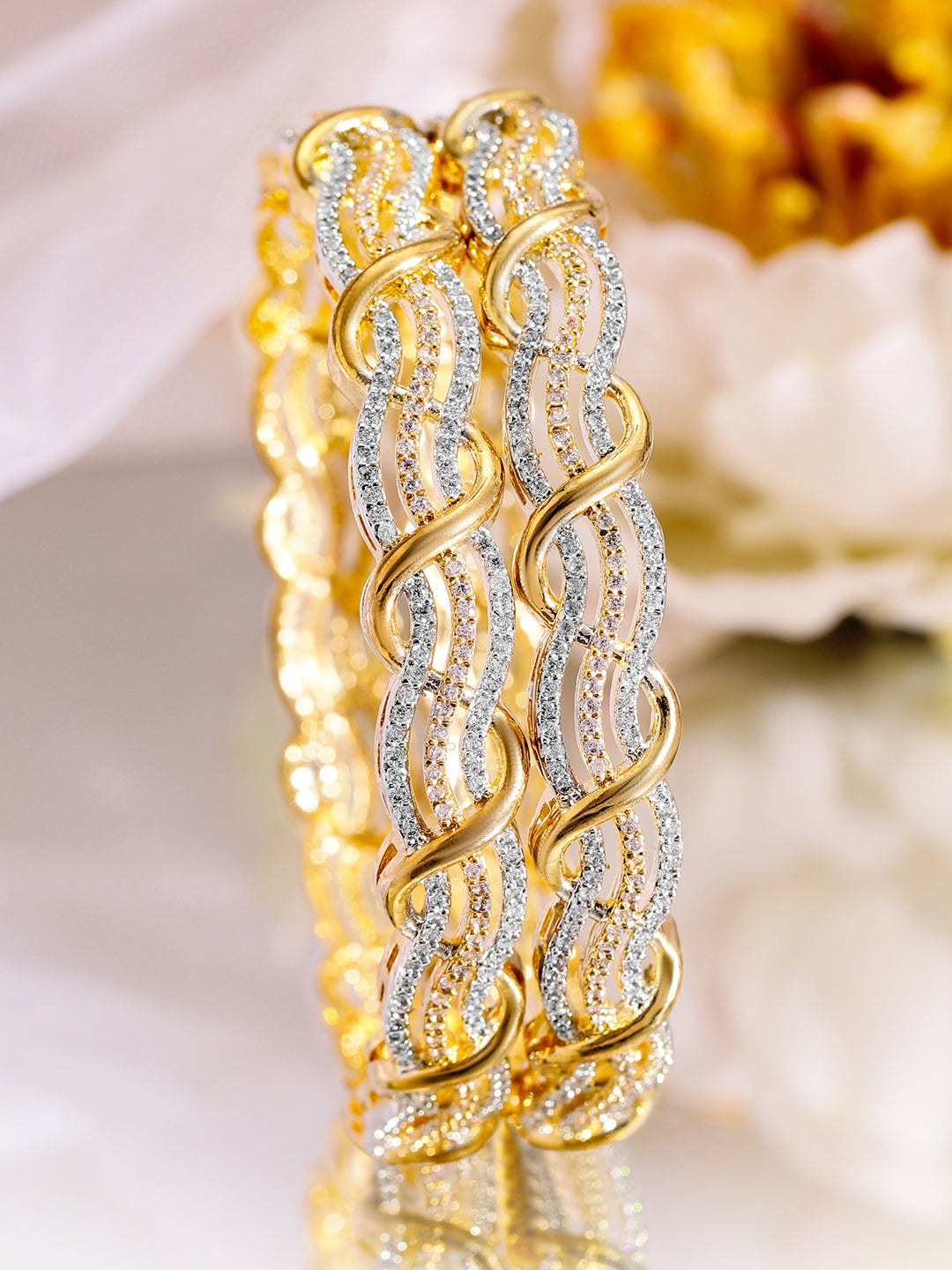 Wentra Set of 2 Rhodium & 18K Gold-Plated Cubic Zirconia Studded Bangles