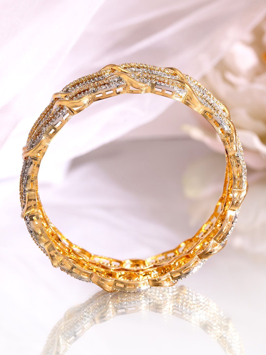 Wentra Set of 2 Rhodium & 18K Gold-Plated Cubic Zirconia Studded Bangles
