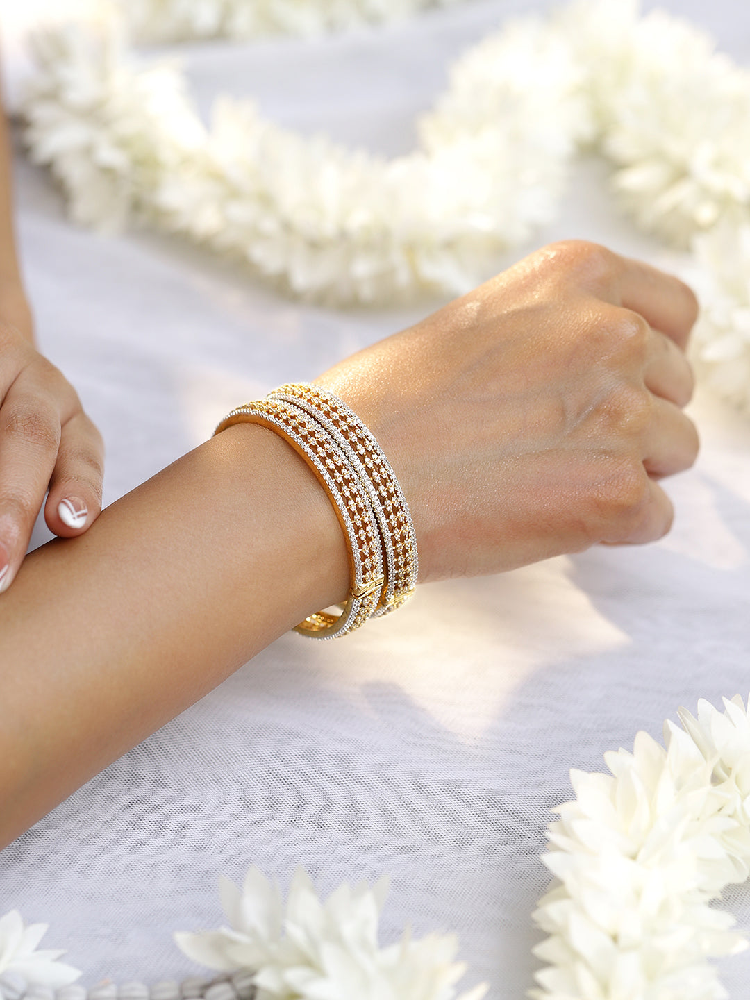 Wentra Set of 2 Rhodium & 18K Gold-Plated Cubic Zirconia Studded Designer Bangles