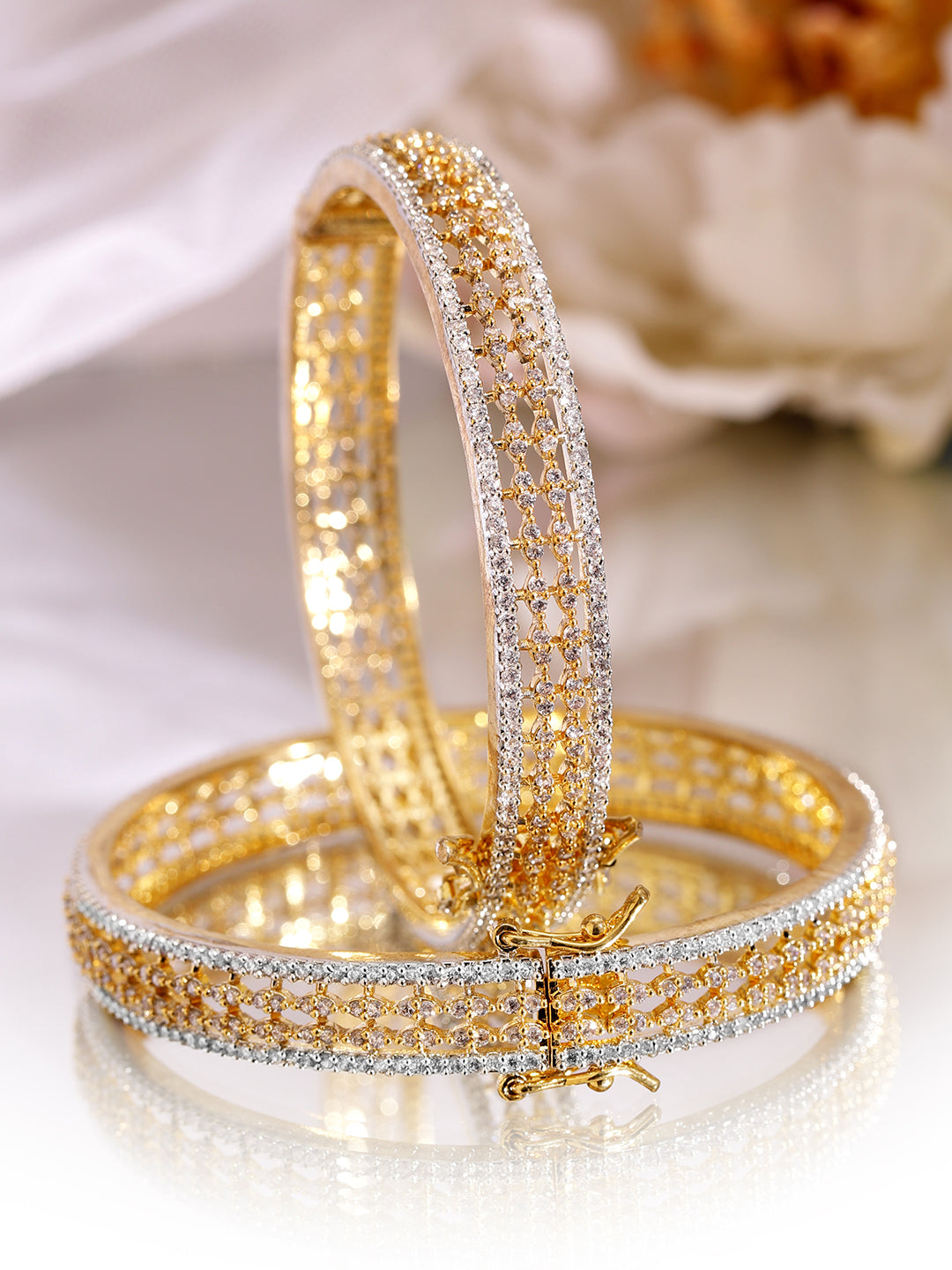 Wentra Set of 2 Rhodium & 18K Gold-Plated Cubic Zirconia Studded Designer Bangles