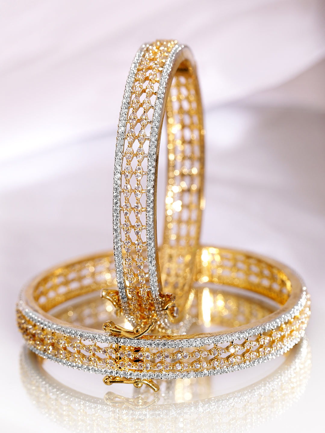 Wentra Set of 2 Rhodium & 18K Gold-Plated Cubic Zirconia Studded Designer Bangles