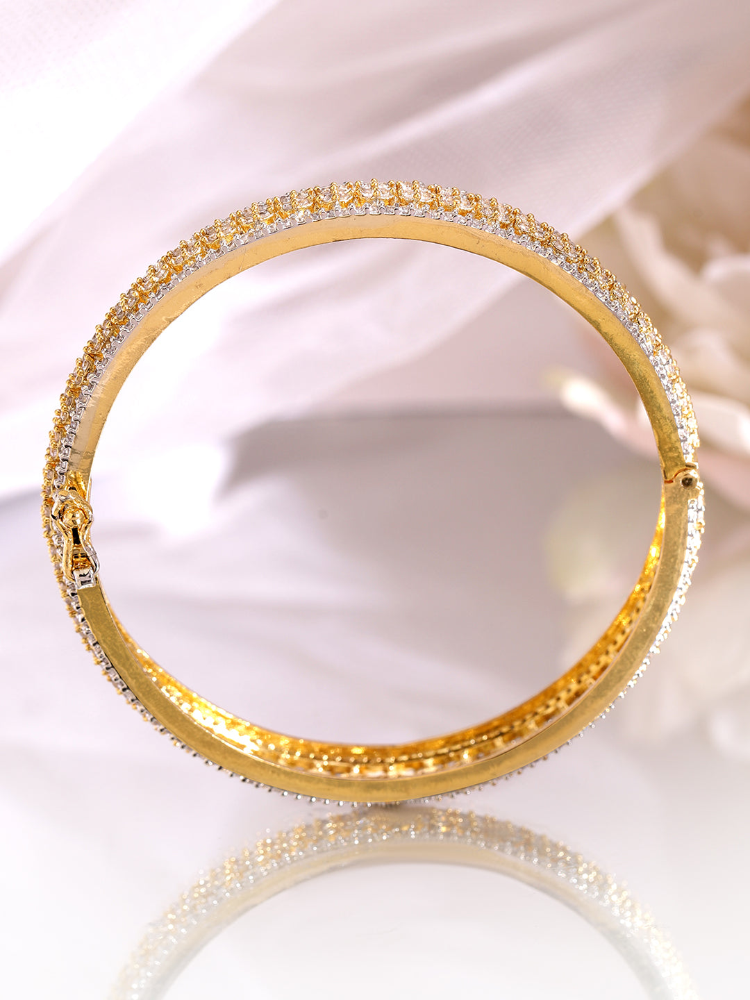 Wentra Set of 2 Rhodium & 18K Gold-Plated Cubic Zirconia Studded Designer Bangles