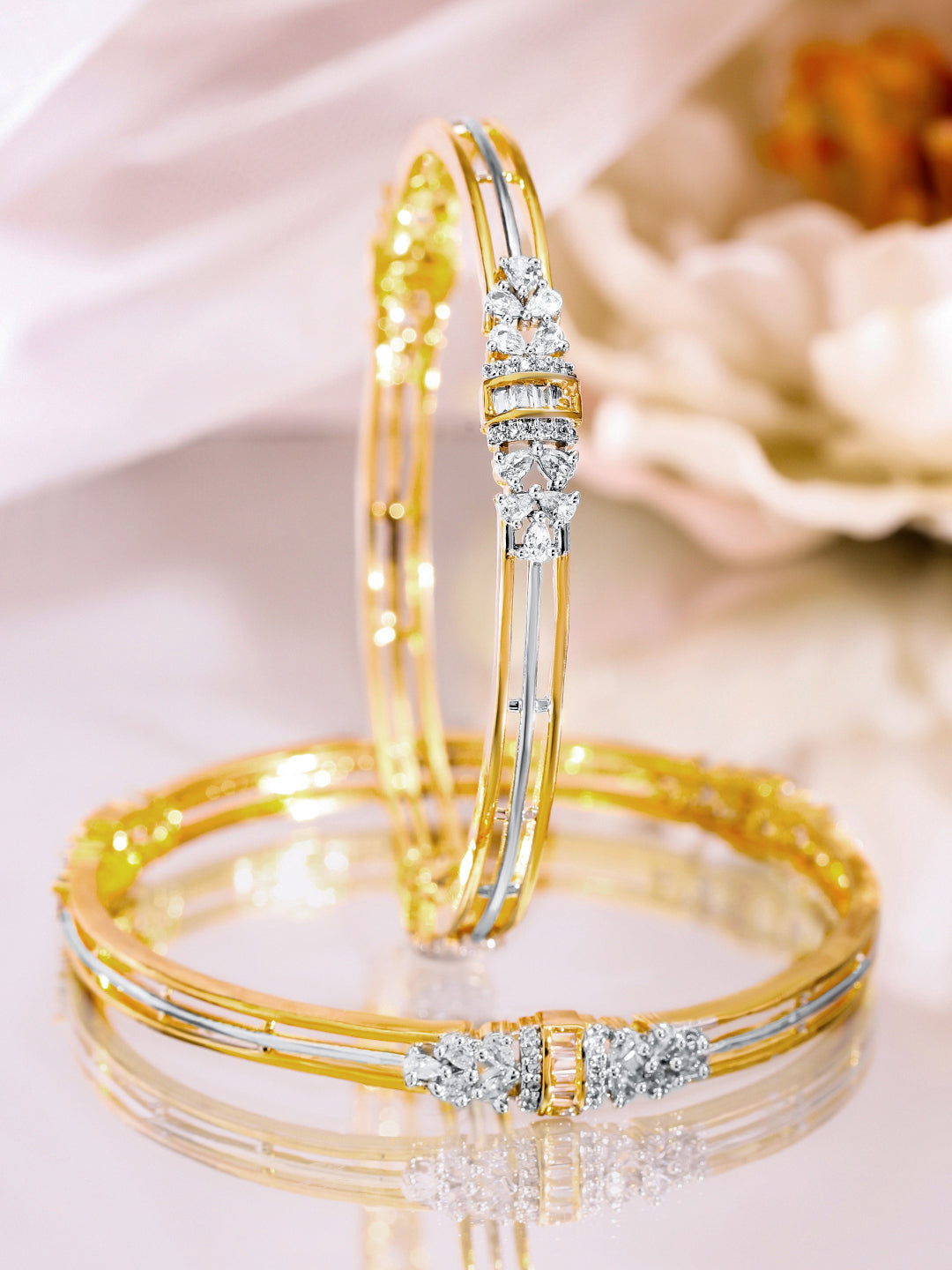 Wentra Set of 2, 22K Gold-Plated & Rhodium Accent Cubic Zirconia Studded Bangles