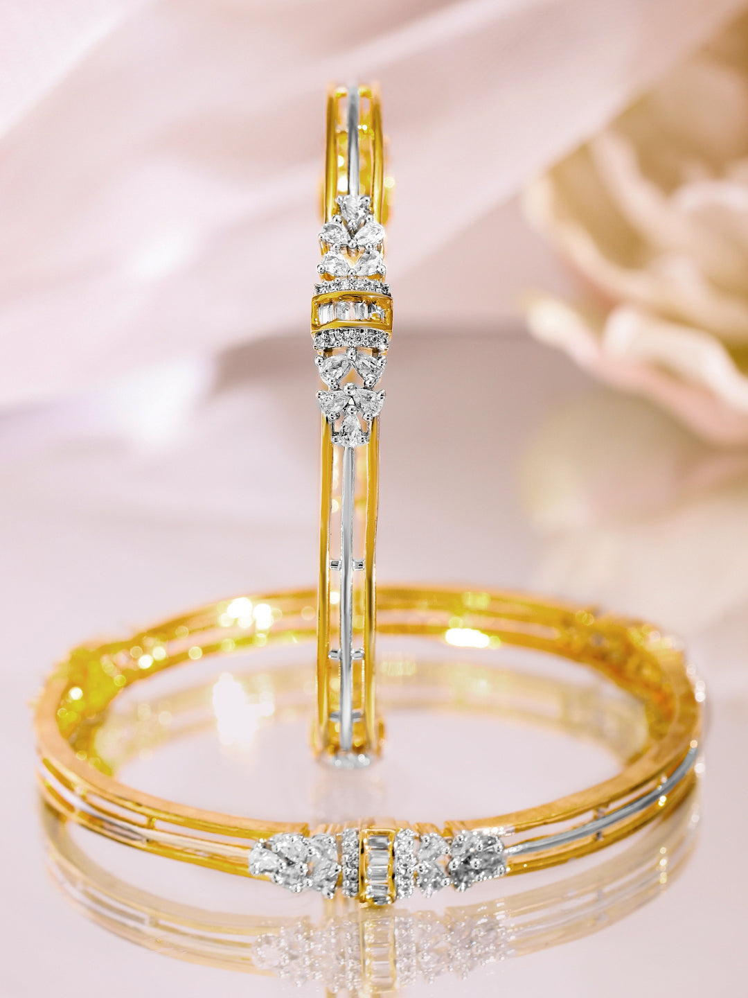 Wentra Set of 2, 22K Gold-Plated & Rhodium Accent Cubic Zirconia Studded Bangles