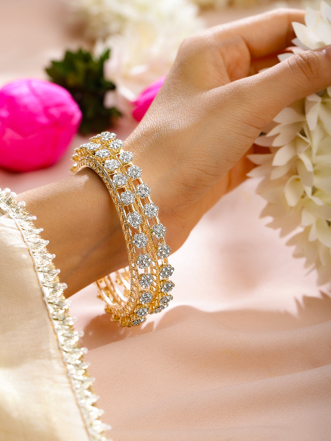 Wentra Set of 2 18K Gold-Plated AD Studded Floral Filigree Handcrafted Bangles