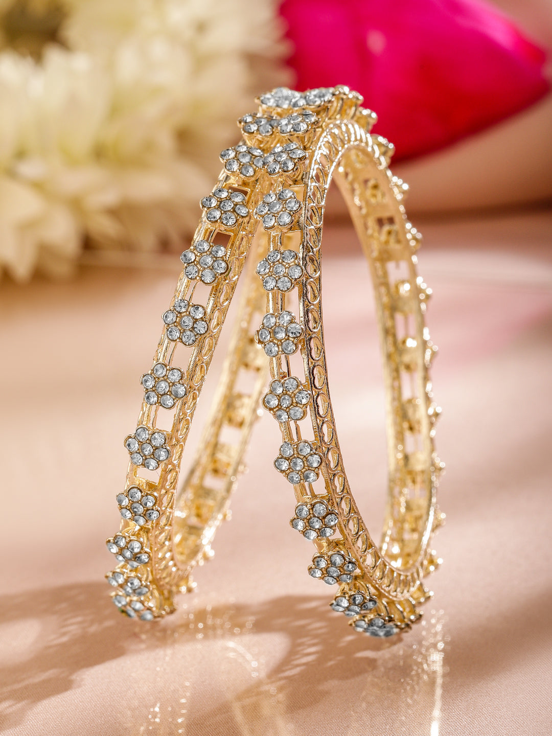 Wentra Set of 2 18K Gold-Plated AD Studded Floral Filigree Handcrafted Bangles