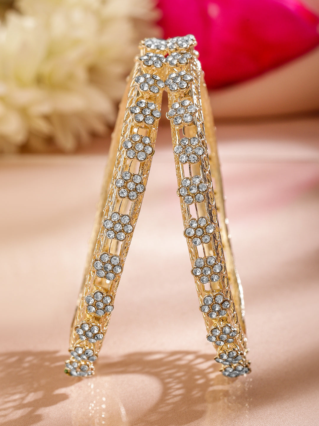 Wentra Set of 2 18K Gold-Plated AD Studded Floral Filigree Handcrafted Bangles