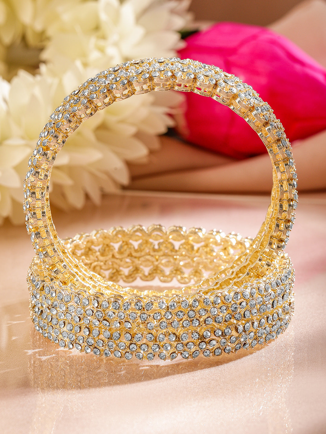 Wentra Set of 4 18K Gold-Plated Dazzling AD Studded Handcrafted Premium Bangles for Women