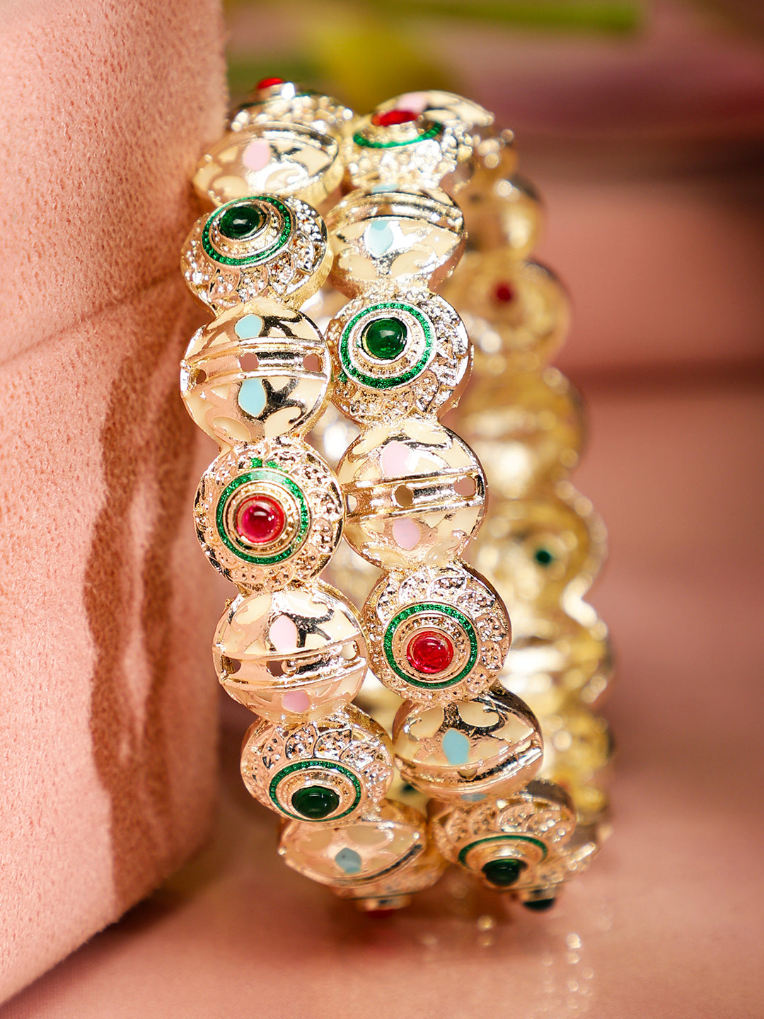 Wentra Set of 2 18K Gold Plated Red & Green Stone and Enamel Work Handcrafted Bangles