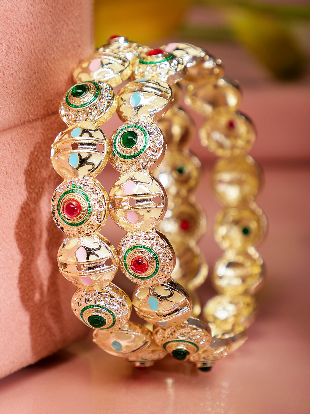 Wentra Set of 2 18K Gold Plated Red & Green Stone and Enamel Work Handcrafted Bangles