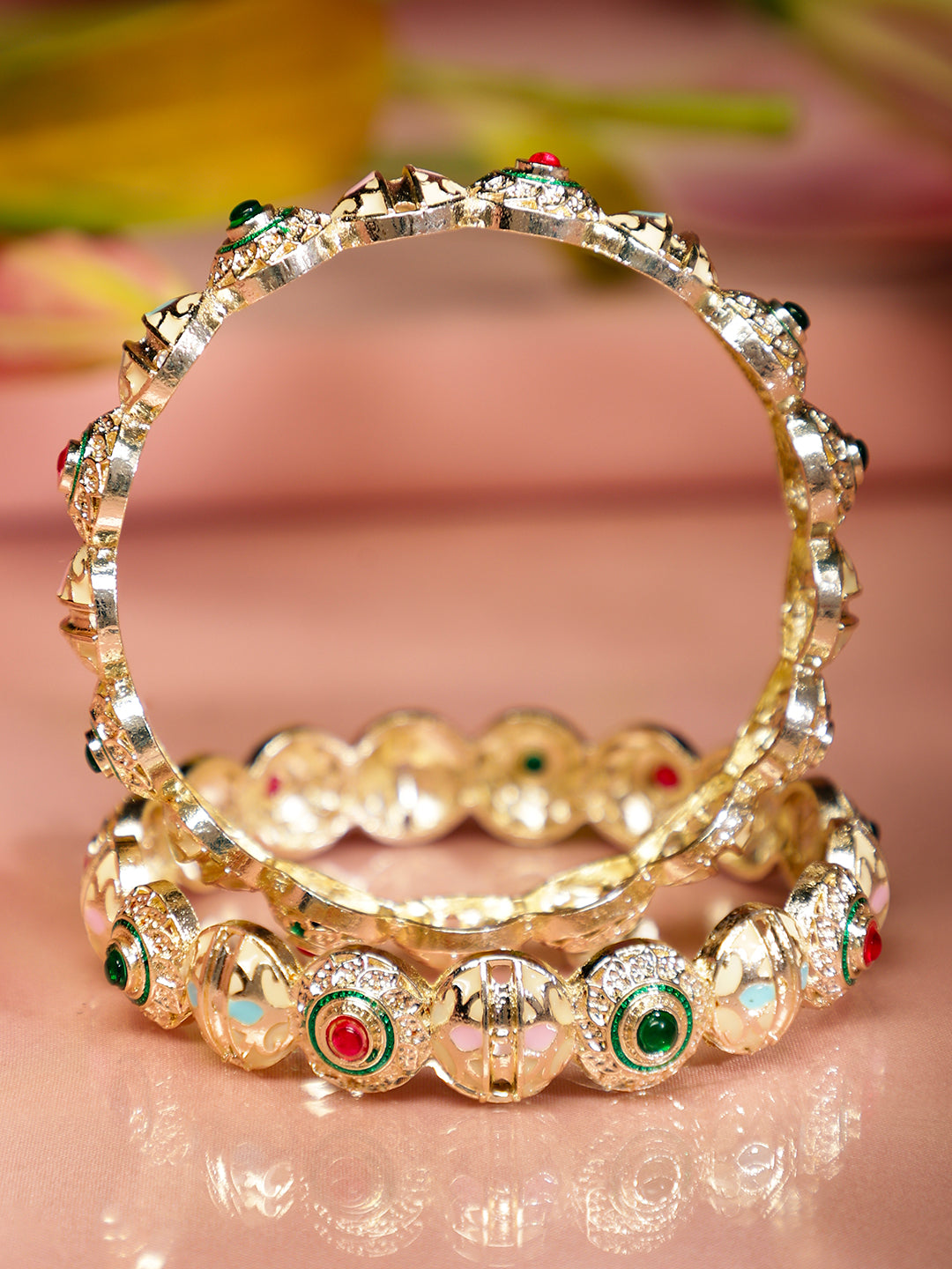 Wentra Set of 2 18K Gold Plated Red & Green Stone and Enamel Work Handcrafted Bangles