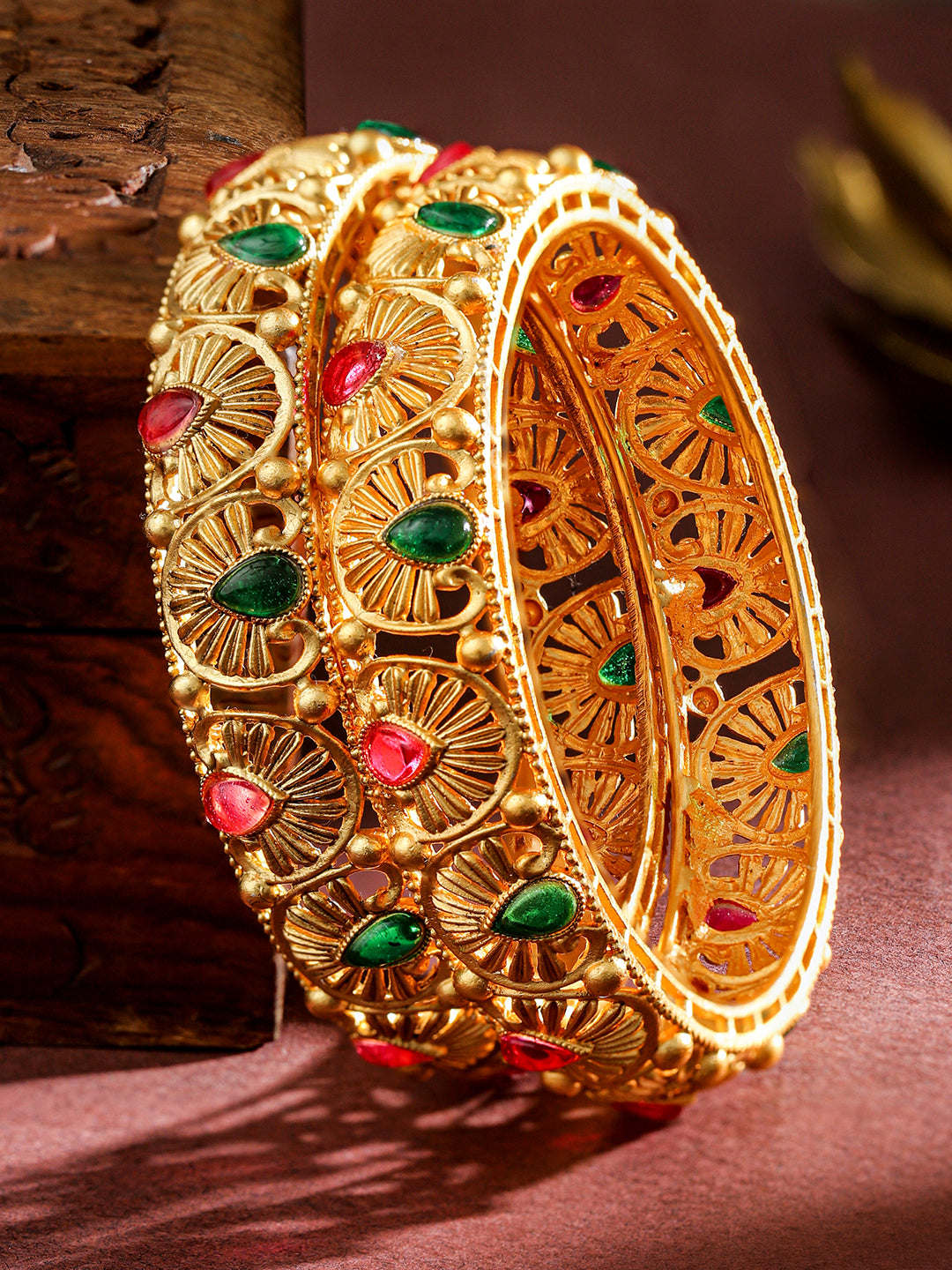 Wentra Set of 2, 24K Gold-Plated Handcrafted Bangles with Ruby Red & Emerald Green Stones