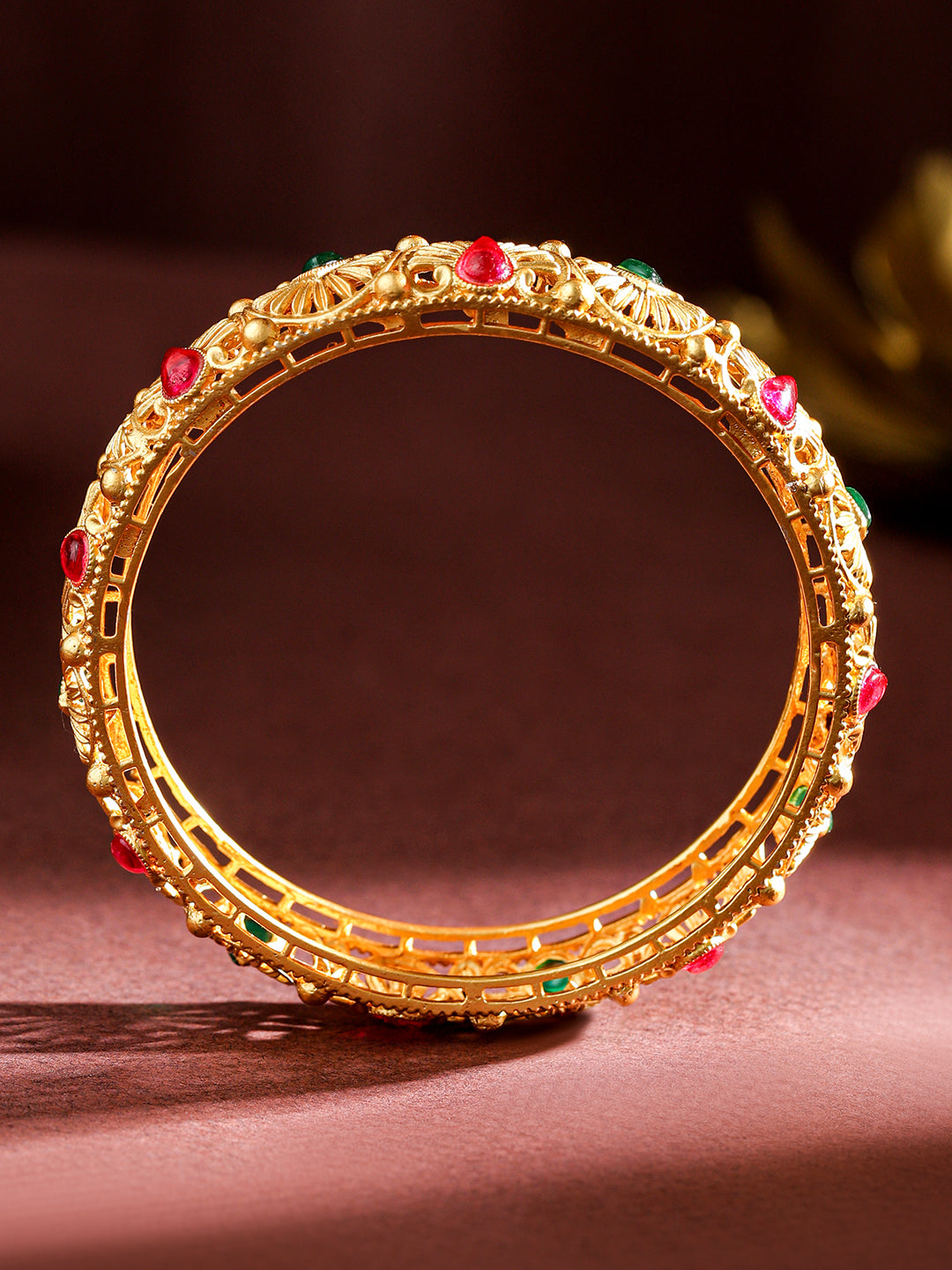 Wentra Set of 2, 24K Gold-Plated Handcrafted Bangles with Ruby Red & Emerald Green Stones