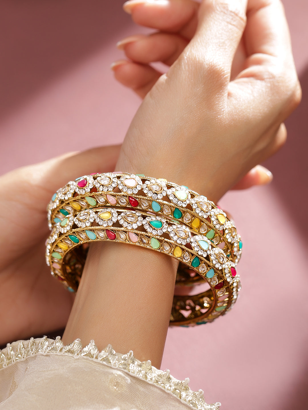 Wentra Set of 2 18K Mehandi Gold-Plated Multicolor Kundan & Zirconia Studded Designer Bangles