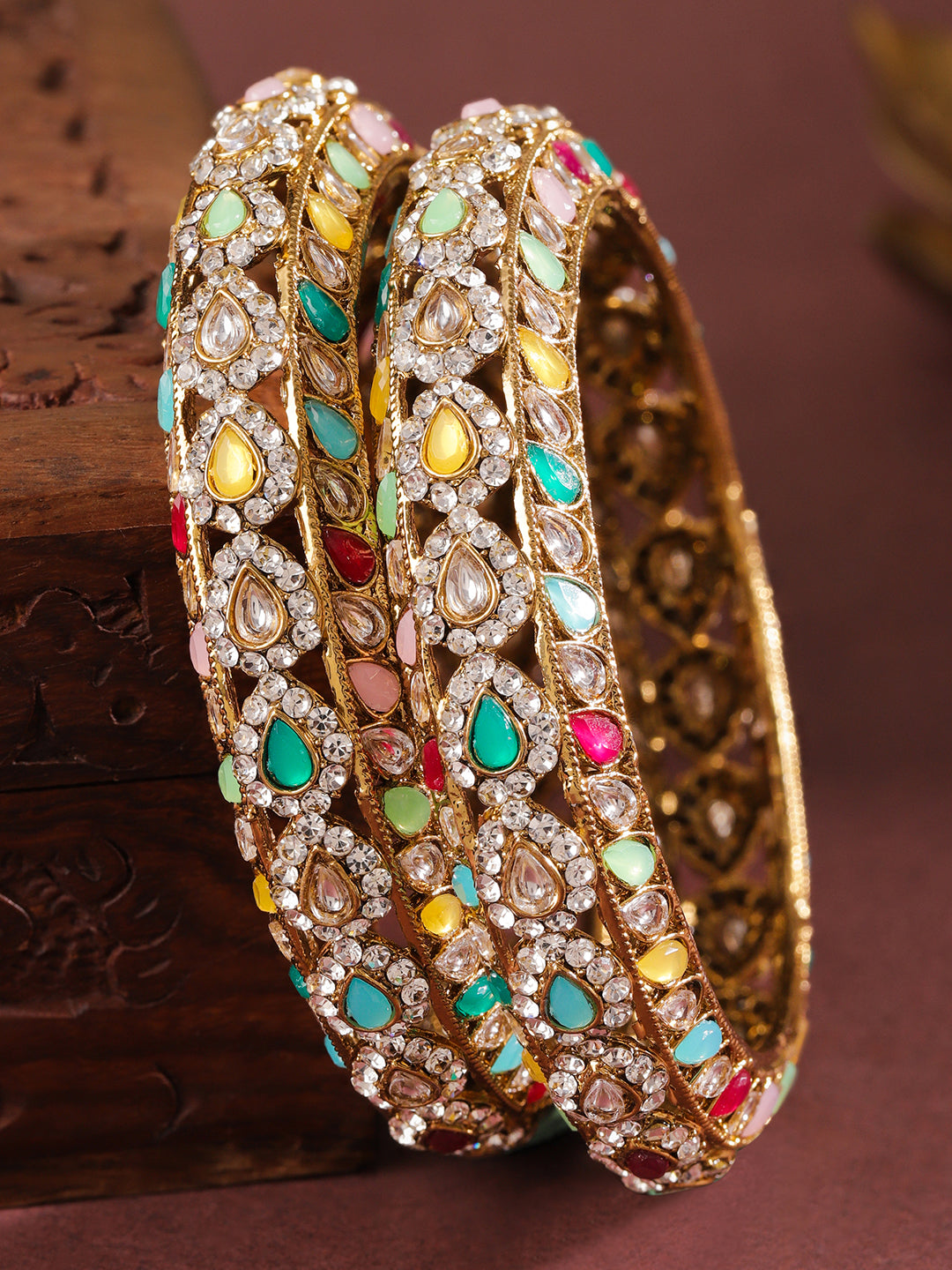 Wentra Set of 2 18K Mehandi Gold-Plated Multicolor Kundan & Zirconia Studded Designer Bangles