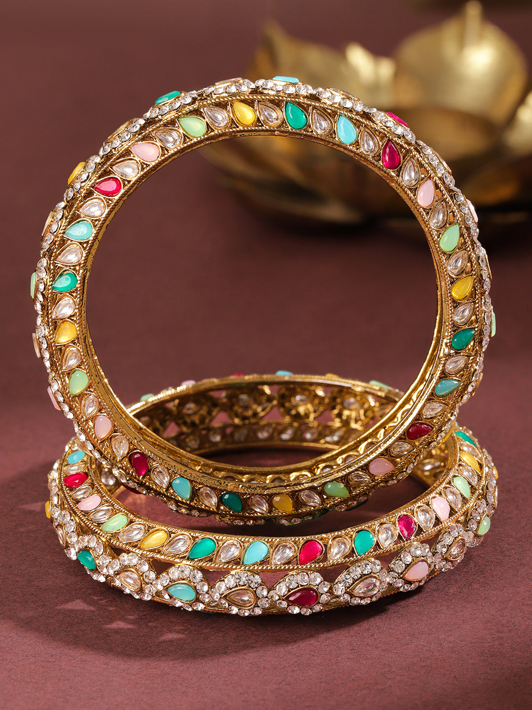 Wentra Set of 2 18K Mehandi Gold-Plated Multicolor Kundan & Zirconia Studded Designer Bangles