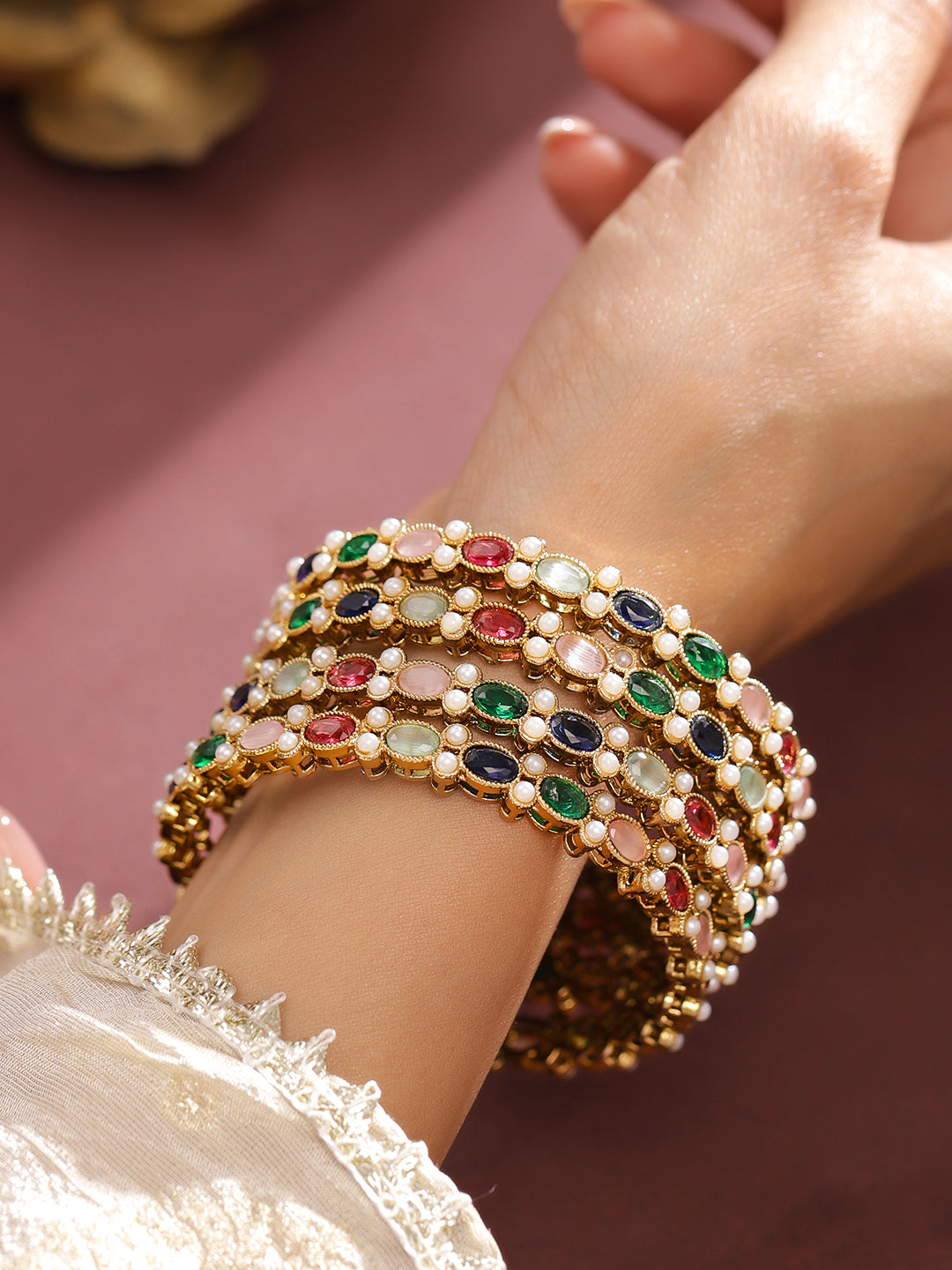 Wentra Set of 4 18K Gold-Plated Multicolor Zirconia & Pearl Beaded Designer Bangles