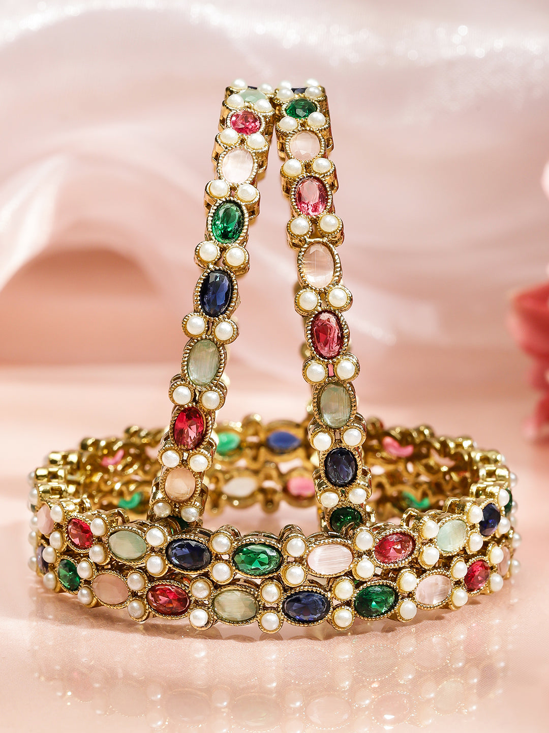 Wentra Set of 4 18K Gold-Plated Multicolor Zirconia & Pearl Beaded Designer Bangles