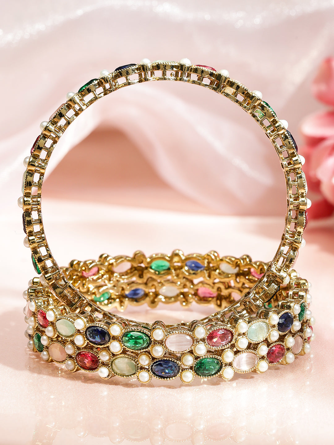 Wentra Set of 4 18K Gold-Plated Multicolor Zirconia & Pearl Beaded Designer Bangles