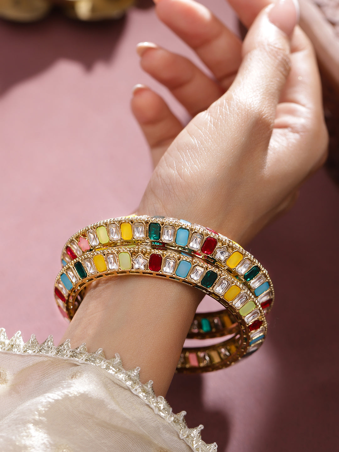 Wentra Set of 2 18K Gold-Plated Multi-Coloured Zirconia Stone Studded Traditional Bangles