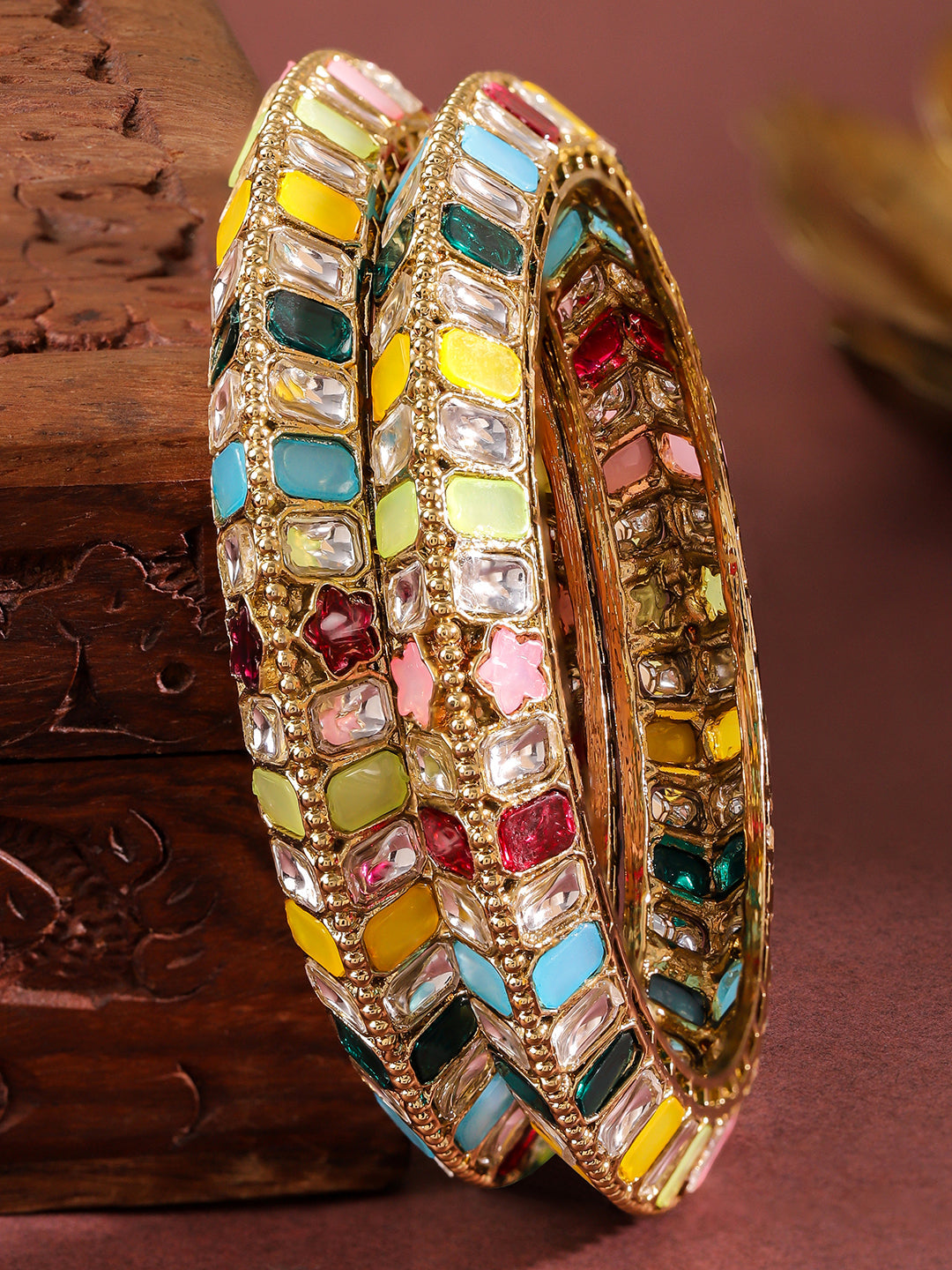 Wentra Set of 2 18K Gold-Plated Multi-Coloured Zirconia Stone Studded Traditional Bangles